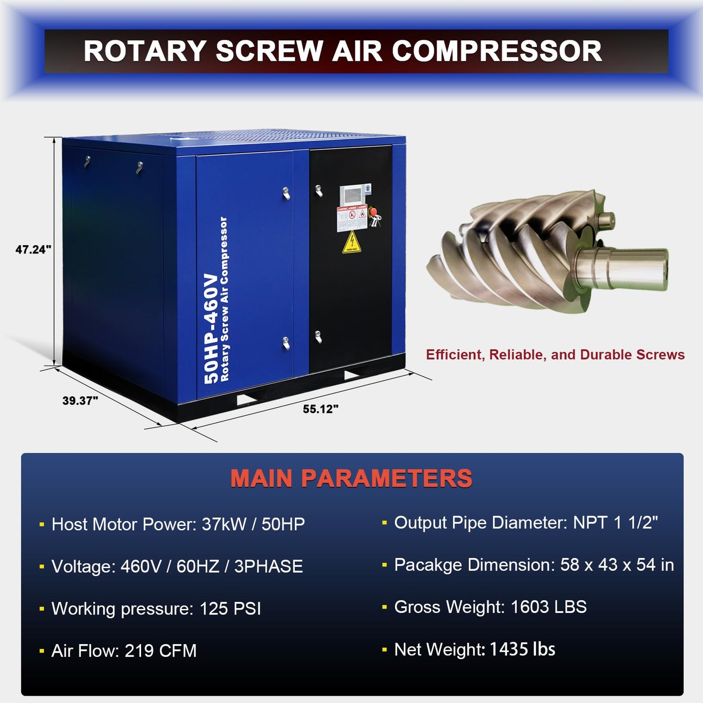 50HP Rotary Screw Air Compressor, 219CFM, 125PSI, 460V 3PHASE 60HZ, Fixed Speed Compressor, Industrial-Grade, Heavy Duty Air Compressed System