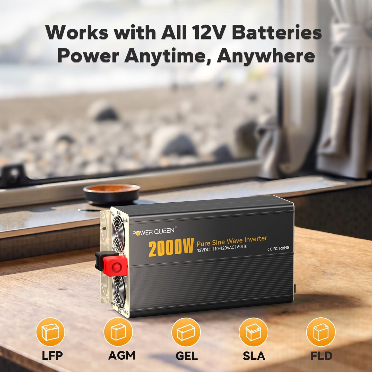 Power Queen 2000W Pure Sine Wave Inverter, Solar Power Inverter 12V DC to 110V-120V AC Converter with 2 AC Outlets, LCD Display for Off-Grid Solar Power System, RV, Truck, Home Appliances