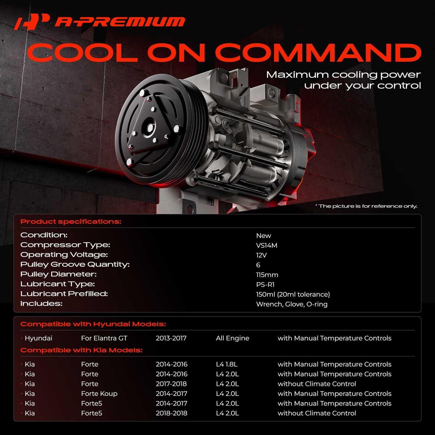 A-Premium Air Conditioner AC Compressor with Clutch Compatible with Kia Forte 2014-2018 1.8L 2.0L, Forte Koup 2014-2017, Forte5 2014-2018 & Hyundai Elantra GT 2013-2017