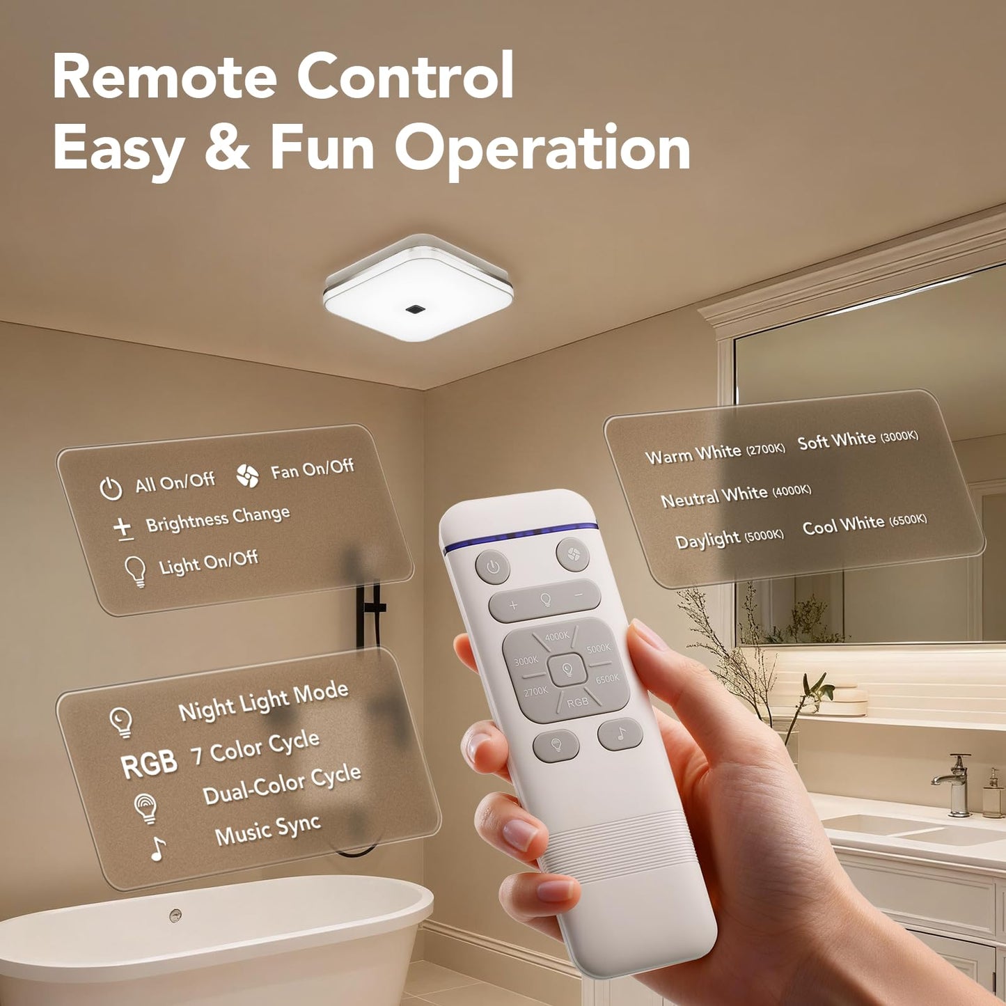 OREiN Matter Smart Bathroom Fan with Light (No Speaker), 110 CFM Quiet Ventilation Fan, 2700K–6500K & RGB Mood Lighting, App/Voice/Remote Control, Alexa/Google/Apple Home, Fits 7.36" x 7.68" Cut-Out