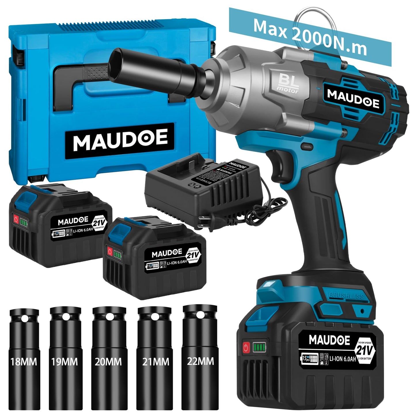 MAUDOE 2000Nm Cordless Impact Gun, 1/2" 1500Ft-lbs Heavy Duty Impact Wrench with 2 x 6.0Ah Battery & 5 Sockets, 21V Brushless High Torque Electric Pistola Llave de Impacto for Car/Truck RV/Mower