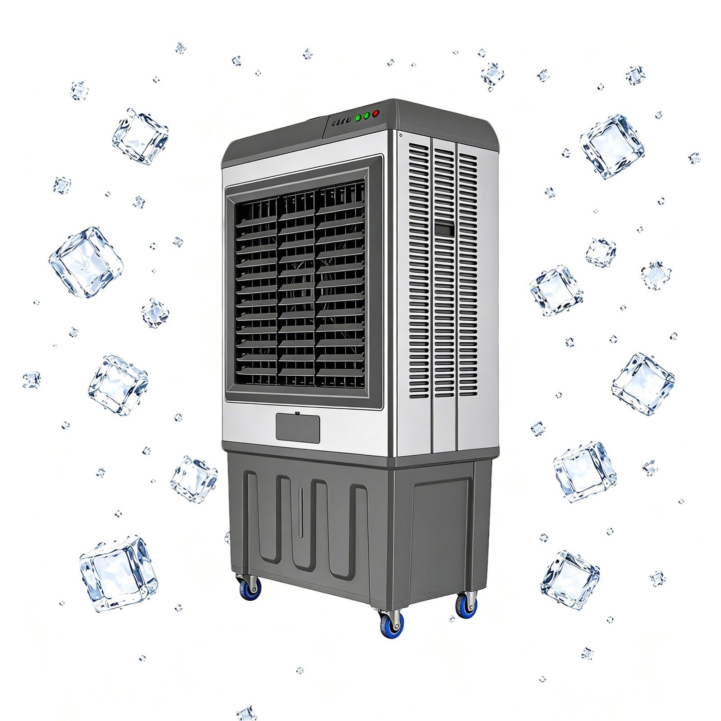 Portable Evaporative Air Cooler with 100L Auto Fill Water Tank, 3-Speed Fan, Oscillation, Manual Louvers, Ice Boxes, Lockable Wheels, for Large Rooms, Workshops, Garages, Patios.