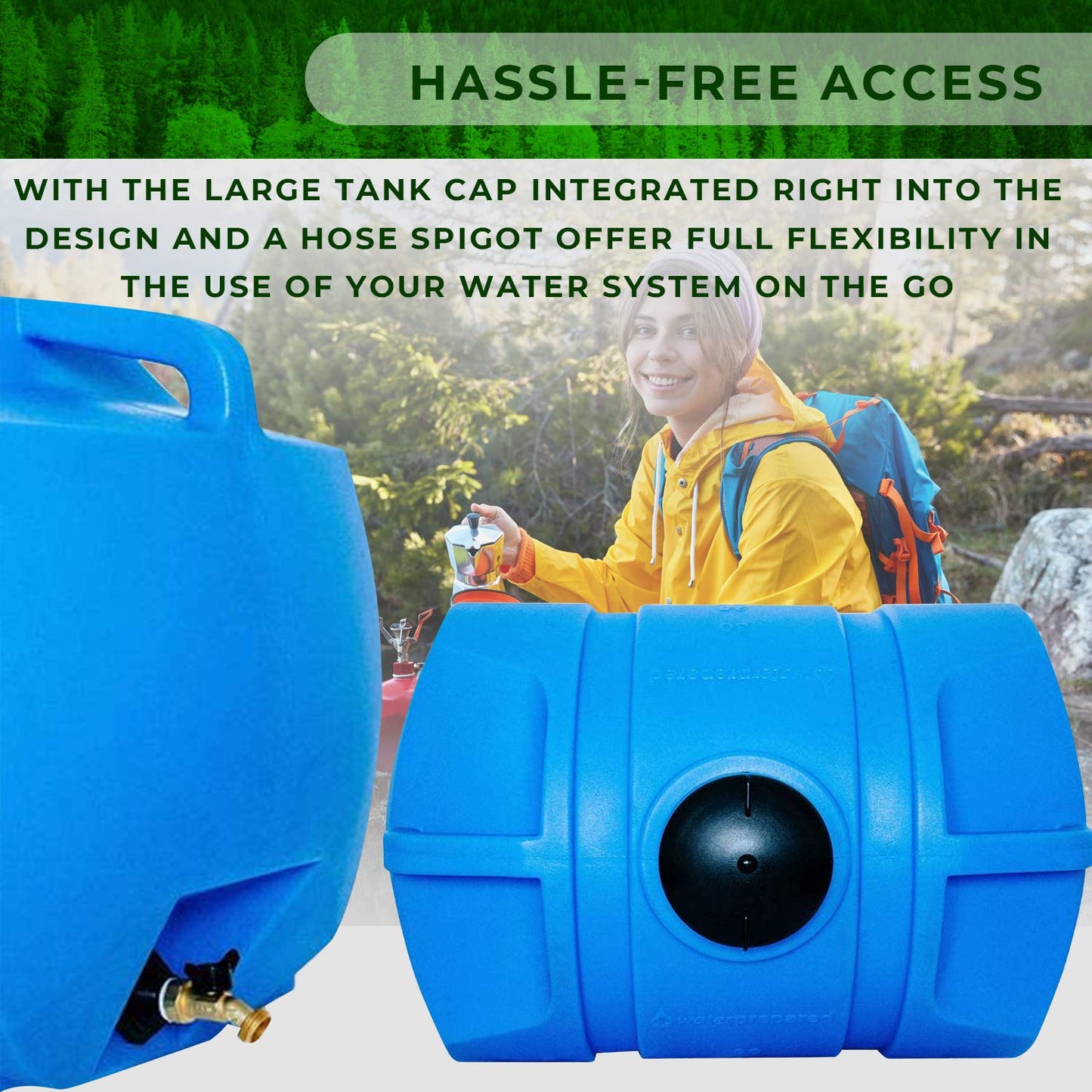 WaterPrepared Portable Water Tank, Plastic Handle & Hose Spigot, 35 Gallon, Blue - Heavy-Duty Beverage and Hydration Dispenser for Outdoor and Camping Trip