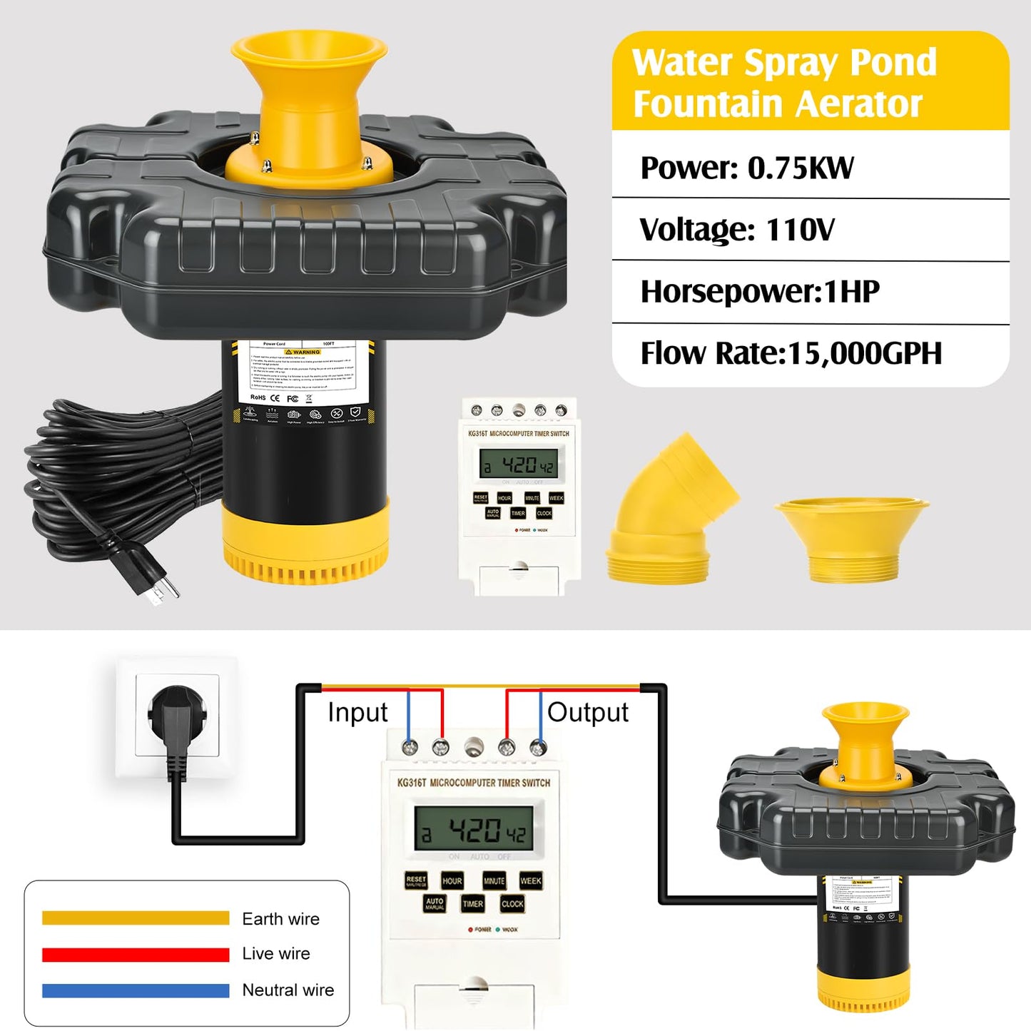 Burnvale Pond Fountain Aerator, 1HP 110V 750W 15000 GPH Floating Aerating Fountain Pump with 100 FT Power Cord, Timer, 2 x 100 FT Traction Rope, Powerful Lake Pond Aerator for Larger Ponds, Lakes