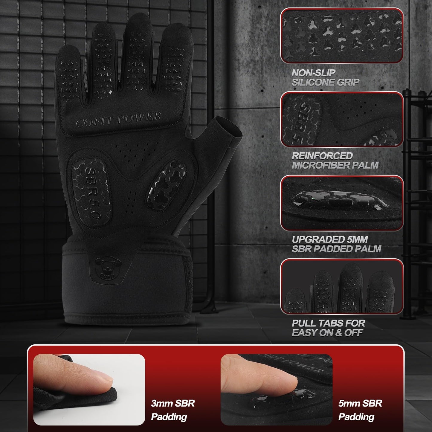 COFIT Weight Lifting Gloves for Men Women, Workout Gloves with Wrist Wrap Support, 5MM SBR Palm Padding, Half Finger Breathable Gym Gloves with Non-Slip Grip for Weightlifting, Training, Pull Ups-S