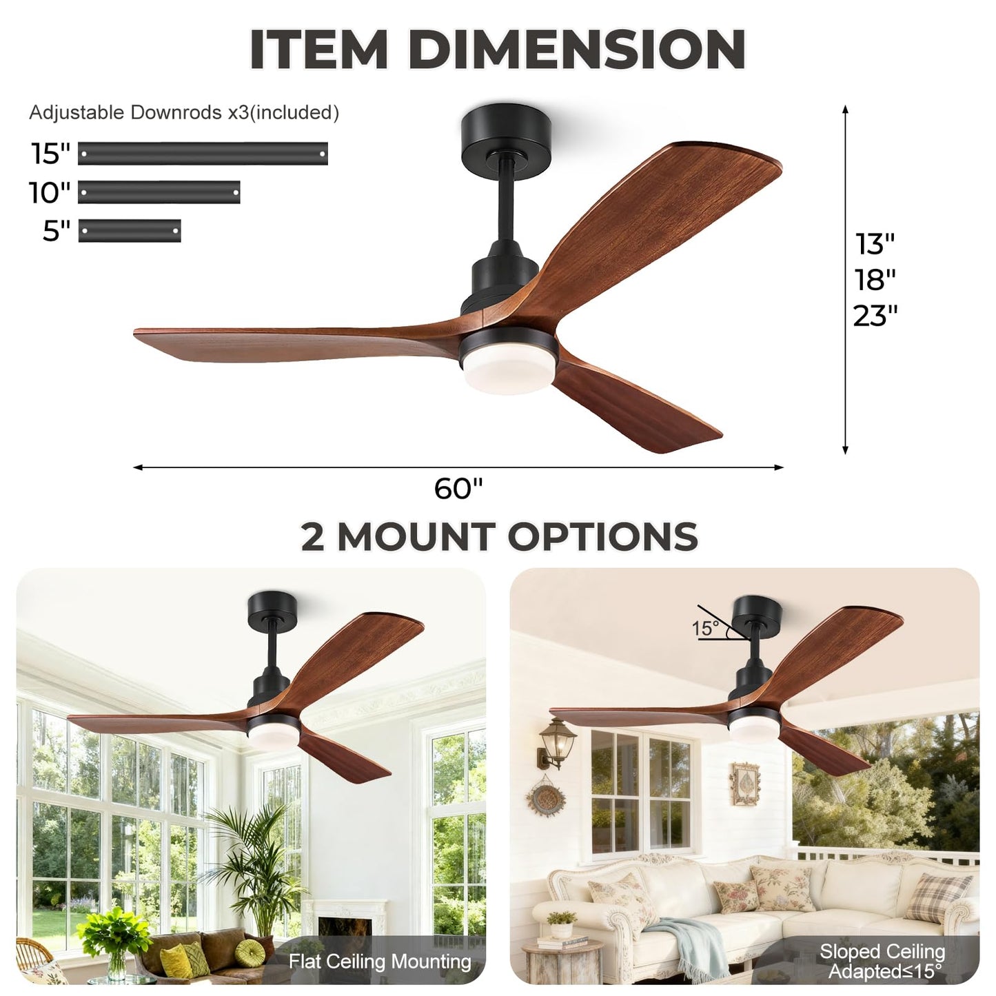 ORGINESE 60 inch Smart Ceiling Fan with Lights,Outdoor Ceiling Fan 3 Wood Blades Compatible with Alexa/Gg Voice Control&App&Remote,Quiet DC Motor for Covered Patio Porch Bedroom,Dark Walnut