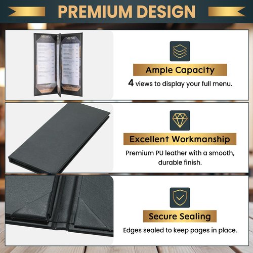 AMGSH 12 Pack 4 View Menu Holder Menu Covers 4.25" x 11" | Black Leather Menu Sleeves Book Style for Restaurant Coffee Bars Wine List