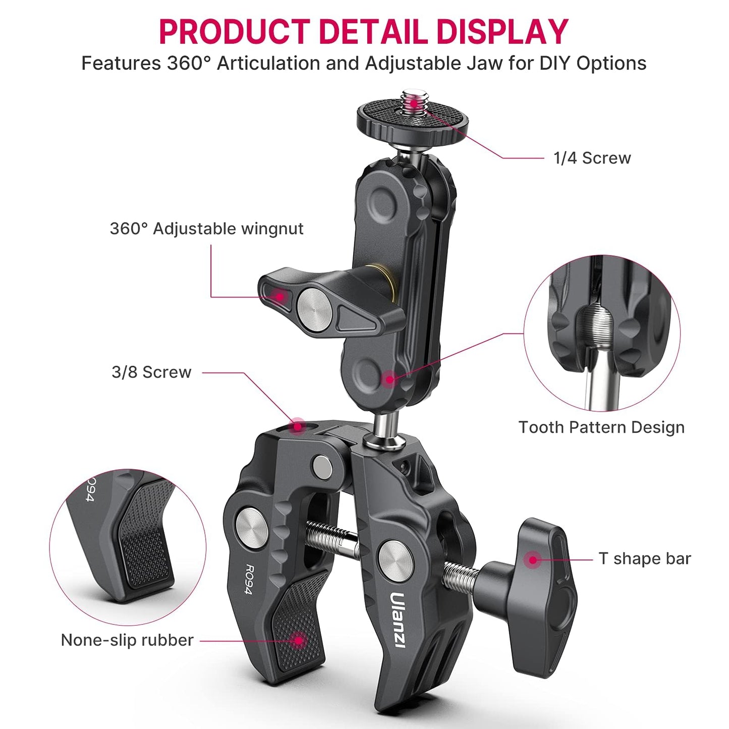 ULANZI Super Clamp Camera Clamp Mount Monitor 360° Ballhead Magic Arm Double Ball Head Adapter with 1/4"-20 & 3/8"-16 Thread for Canon Nikon DSLR Camera/Gopro/LED Lights/Ronin-M/Ronin MX/Freefly MOVI