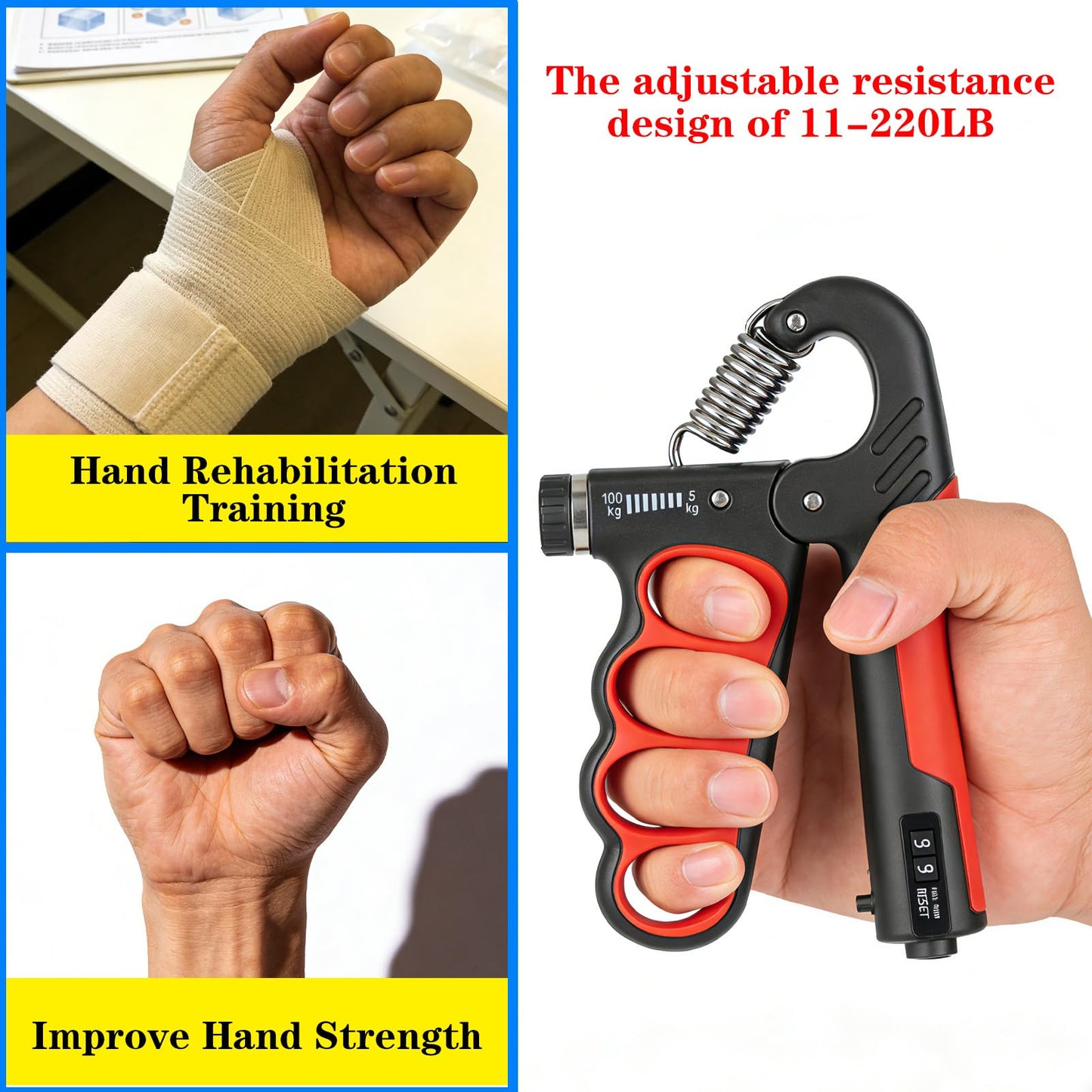 Hautrely Hand Gripper Strengthener, 11-220LB Adjustable Resistance Grip Strength Trainer with Counter, Forearm Exerciser for Injury Recovery and Muscle Building (Blue)