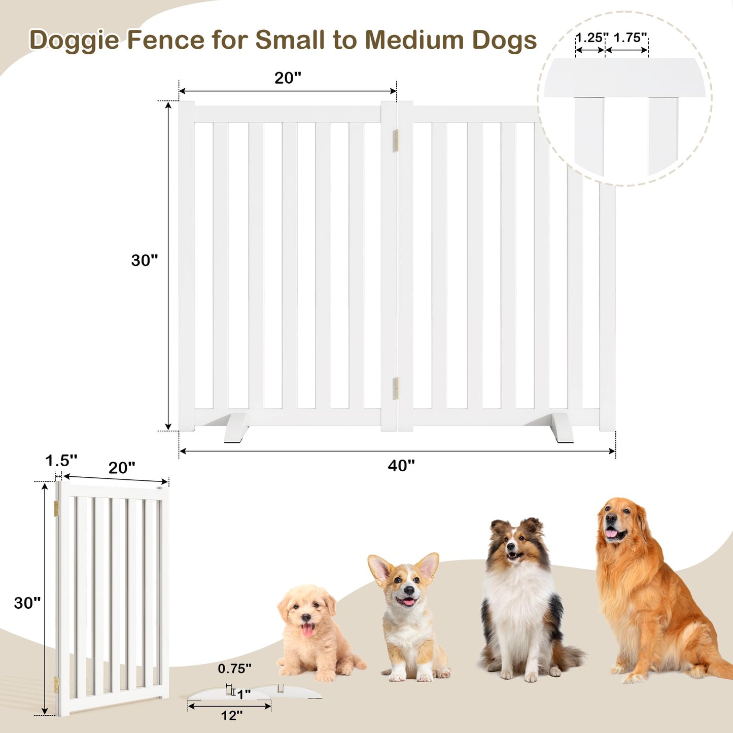 30" Height Tall Freestanding Pet Gate, Solid Wood Folding Safety Fence Wooden Dog Gate with 2 PCs Support Feet Ideal for Stairs, Doorways, Halls, Kitchens, Heavy Duty Gates, 2 Panels, White