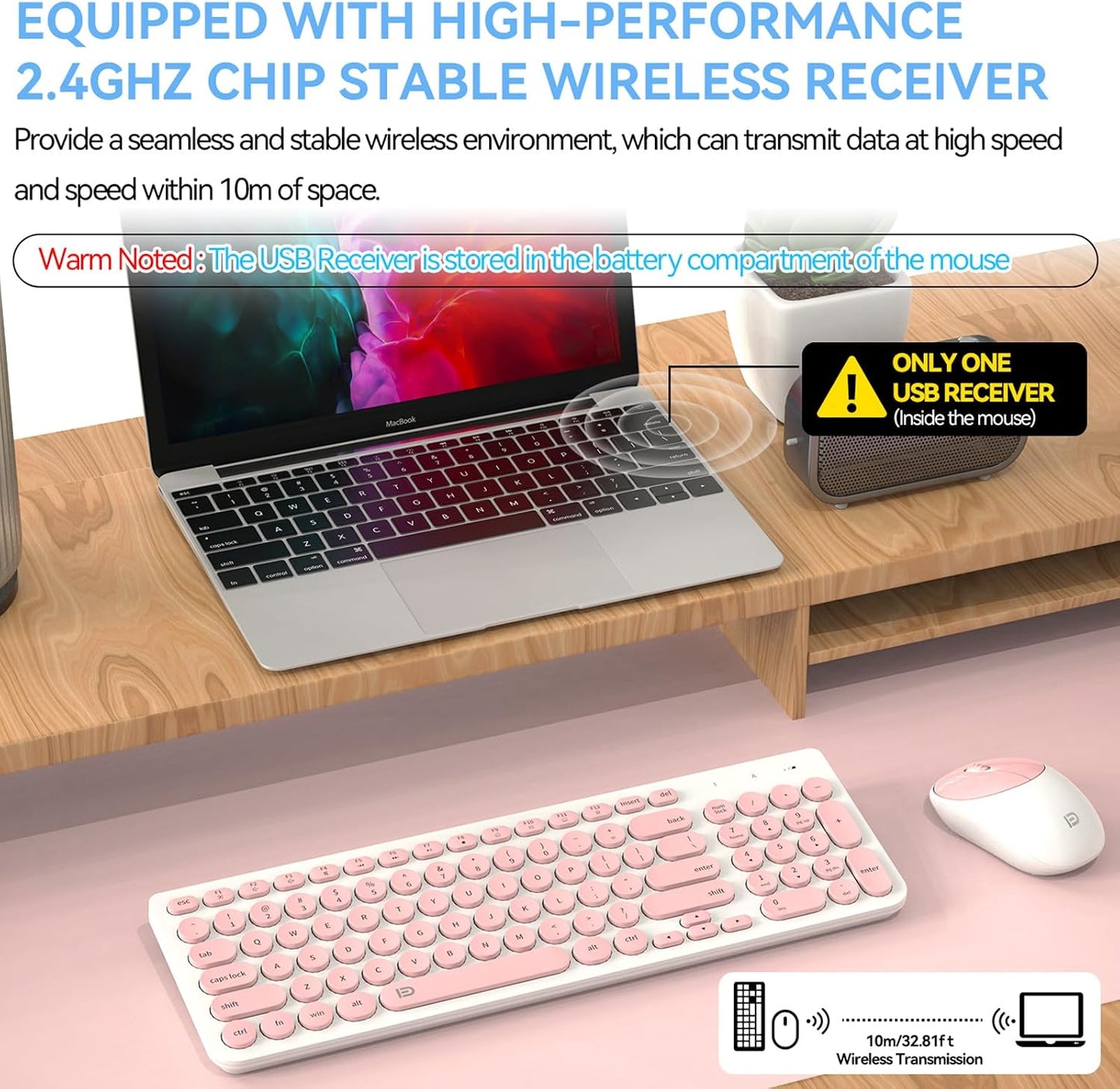 FD iK6630 2.4GHz Set Wireless Keyboard and Mouse Combo - USB Cordless, Cute Round Keys, Quiet and Slim for Laptop