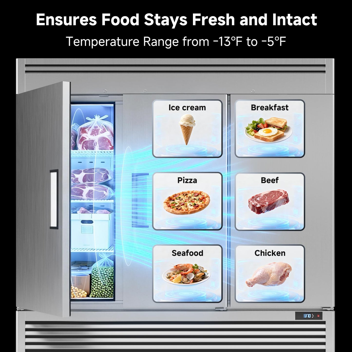 Coolake 82" Commercial Reach-in Freezer 3 Solid Doors, 72 Cu.ft Stainless Steel Fan Cooling Upright Freezer 12 Adjustable Shelves, Commercial Freezer for Restaurant Kitchen Grocery Store Prep Area