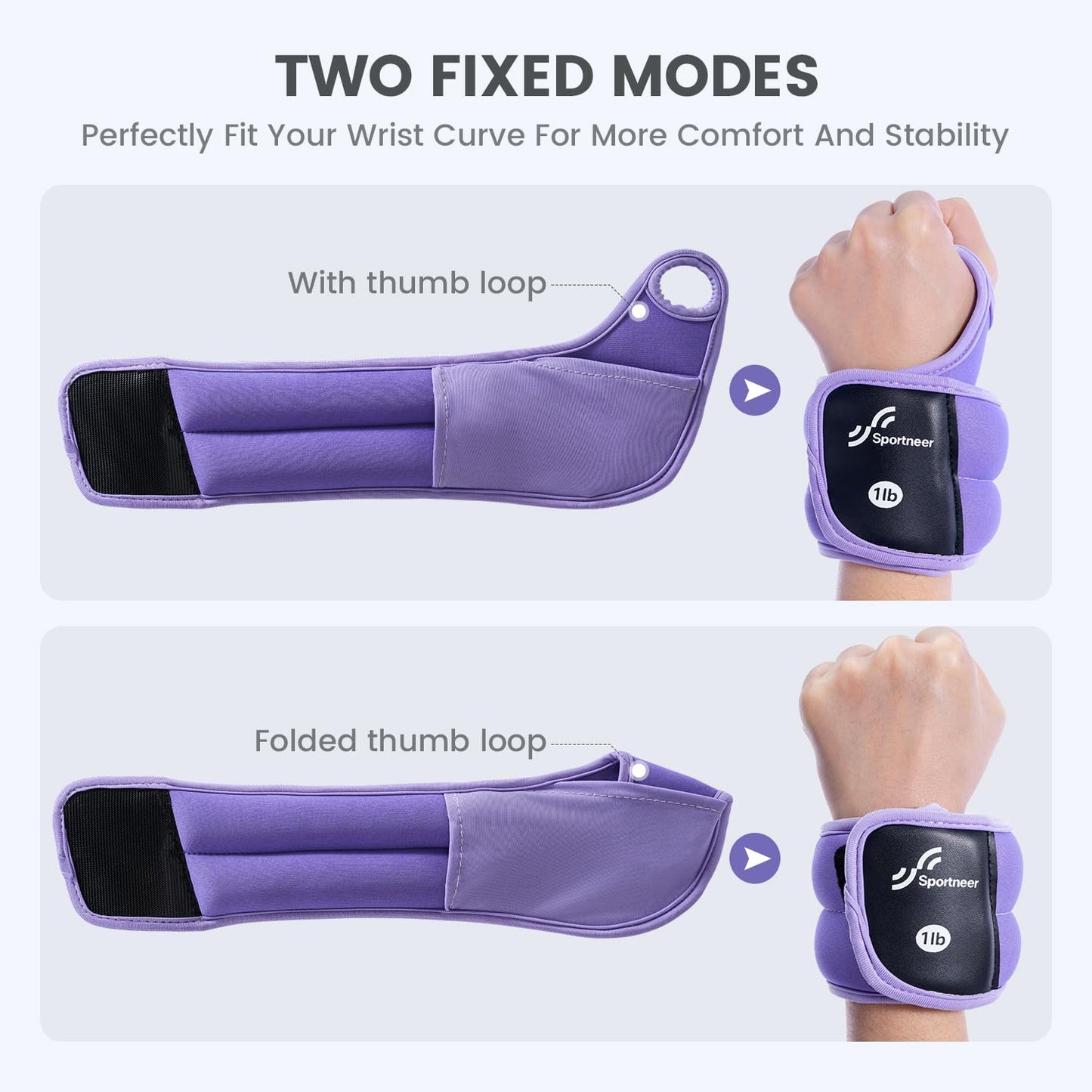 Sportneer Wrist Weights with Thumb Loops Lock for Men Women, 2 LBS /4 LBS Pair Arm Hand Weights for Running Walking Jogging Physical Therapy Gym Strength Training Cardio Exercise, Increase Wrist & Hand Resistance (Purple, 1 LB x 2)
