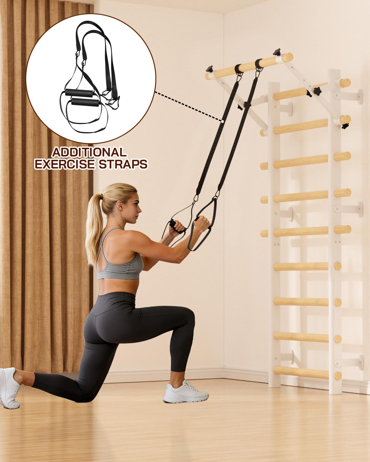 Cofiyard Swedish Ladder Wall Gym, Wooden Wall-Mounted Stall Bars with Pull-up Bar & Exercise Straps & Dip Bars, Stretching Ladder Full Body Home Gym Adults New, White