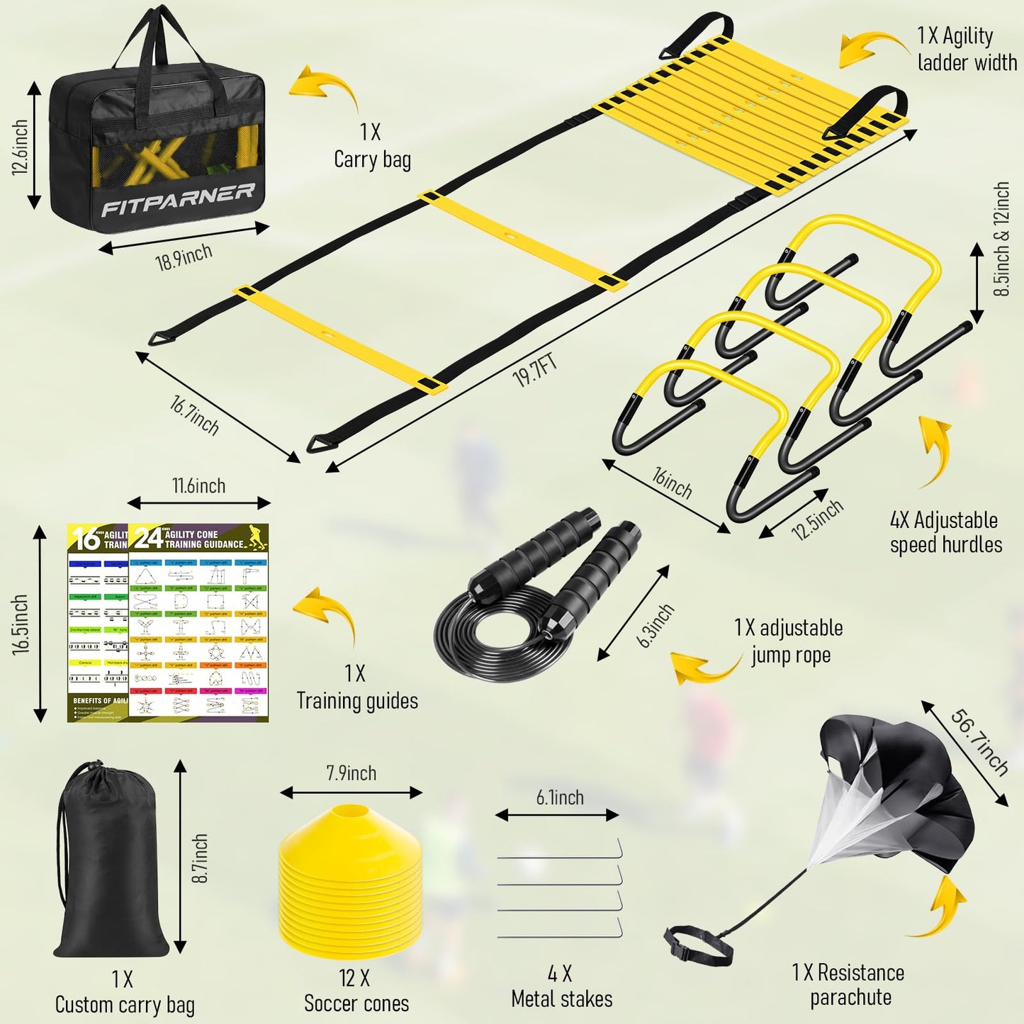 Agility Ladder,Soccer Training Equipment Set-20ft Speed Ladder,12 Soccer Cones,4 Hurdles,Jump Rope,Running Parachute,Basketball Football Agility Training Equipment for Kids, Youth, Adults (Yellow)