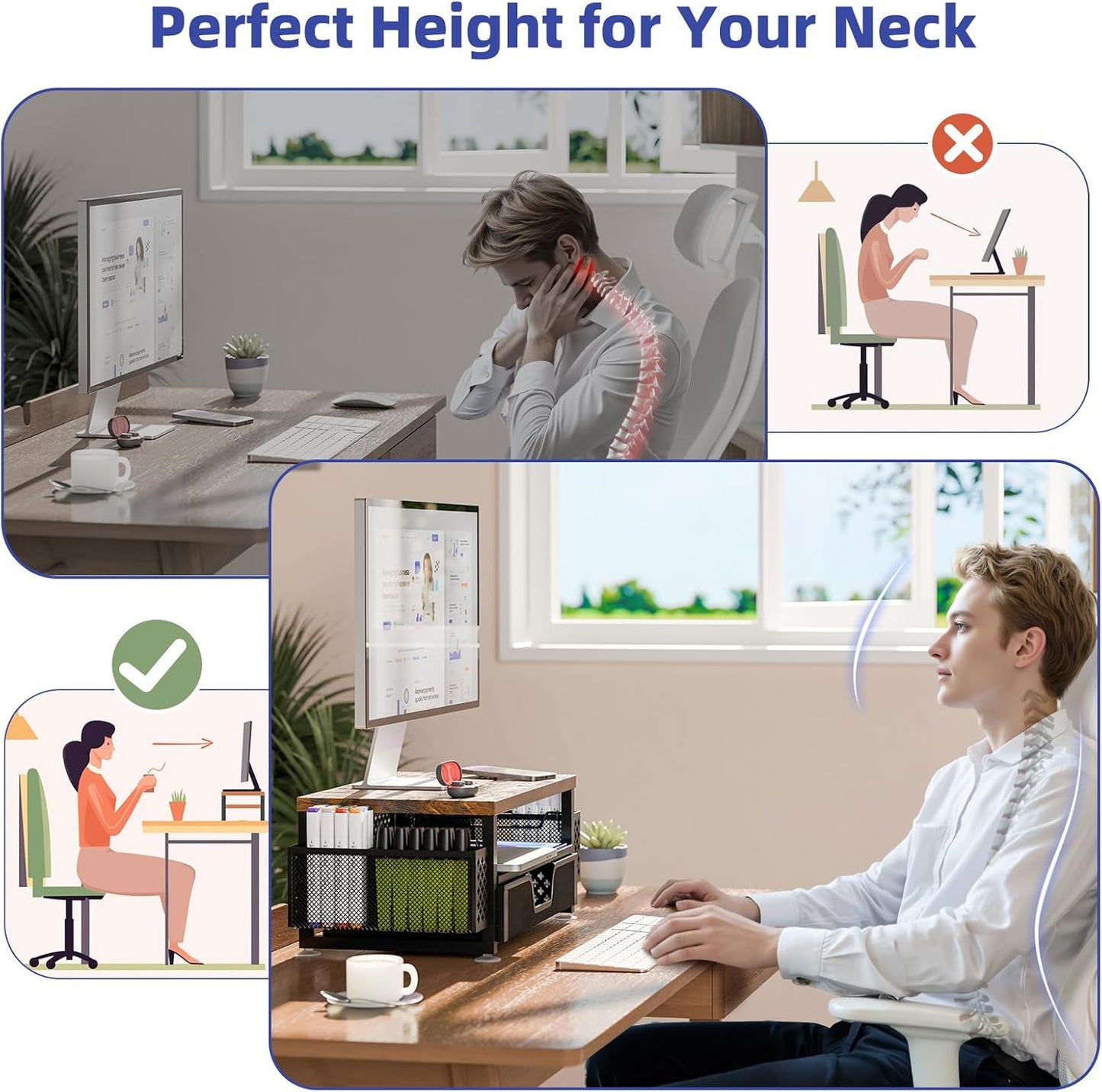 2 2-Tier Simple Trending Desk Organizers and Accessories, Computer Monitor Stand Riser with Drawer and Pen Holders