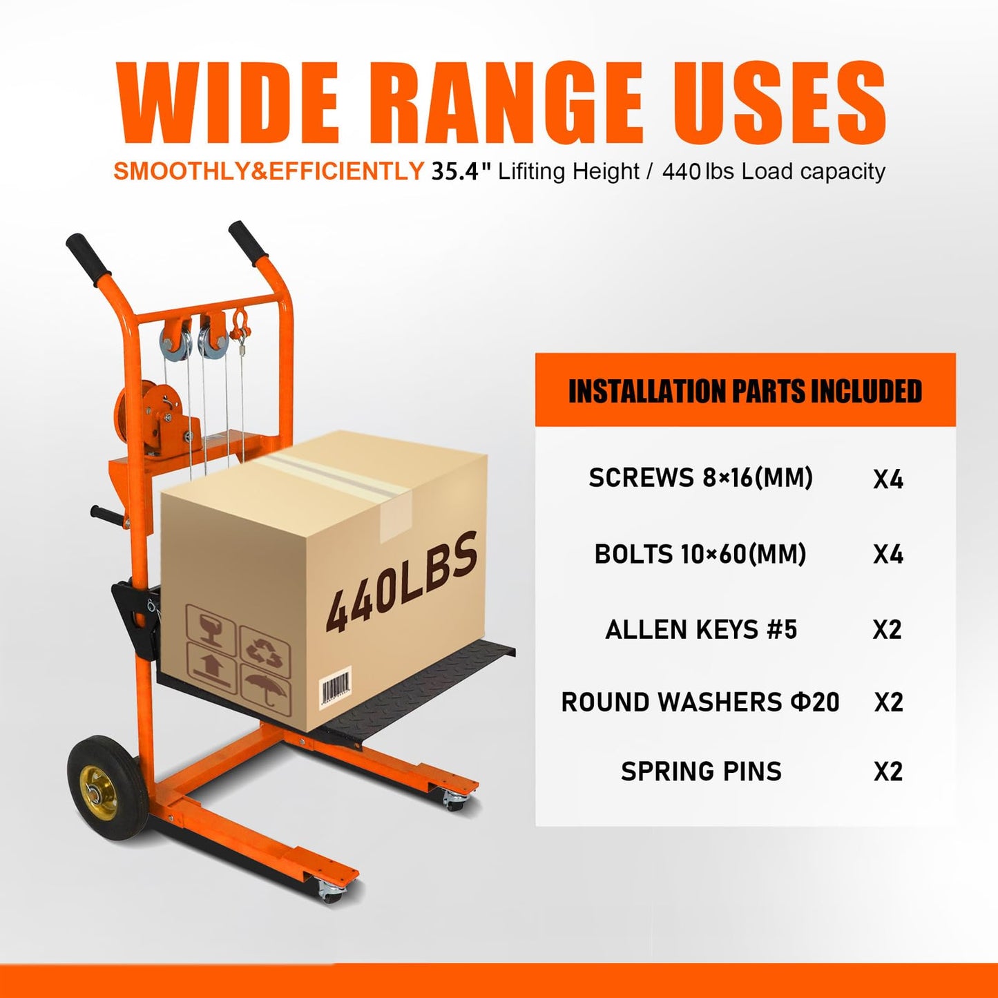 Material Lift Winch Stacker, 440 lbs Capacity Table Cart, 35.4" Lifting Height Manual Forklift Stacker, Pallet Jack Truck Dolly with Swivel Casters and Lift Plate (Orange)