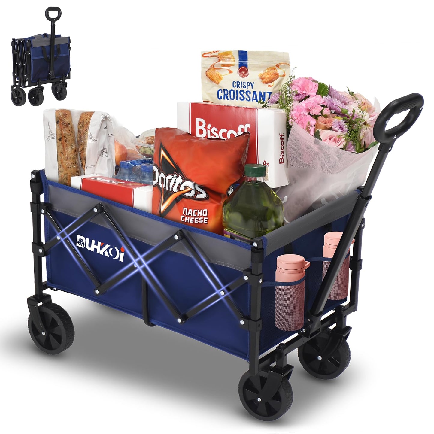 DUHKOI Collapsible Wagon Cart with Wheels Foldable,11 Lbs Lightweight Portable Folding Utility Wagon,90 L Heavy Duty Grocery Shopping Carts,Versatile for Garden Sports Camping Outdoor Use (Navy Gray)
