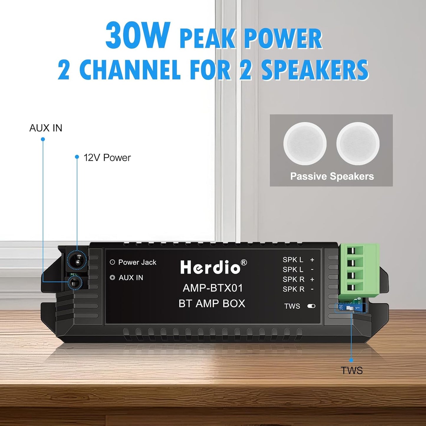 2.0 Herdio Bluetooth Home Audio Amplifier Channel Receiver System for Passive Speakers with AUX TWS Suitable