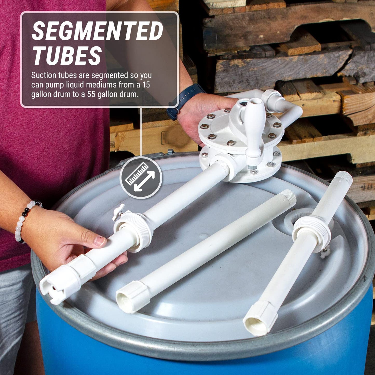 TERA PUMP Barrel Chemical Pump for 55 Gallon Barrel, Heavy Duty Polypropylene, Hand Crank Action Pump, 10 GPM, Corrosion Resistant, Fits 15 to 55 Gallon Drums, for Chemicals, DEF, Hydraulic Fluid