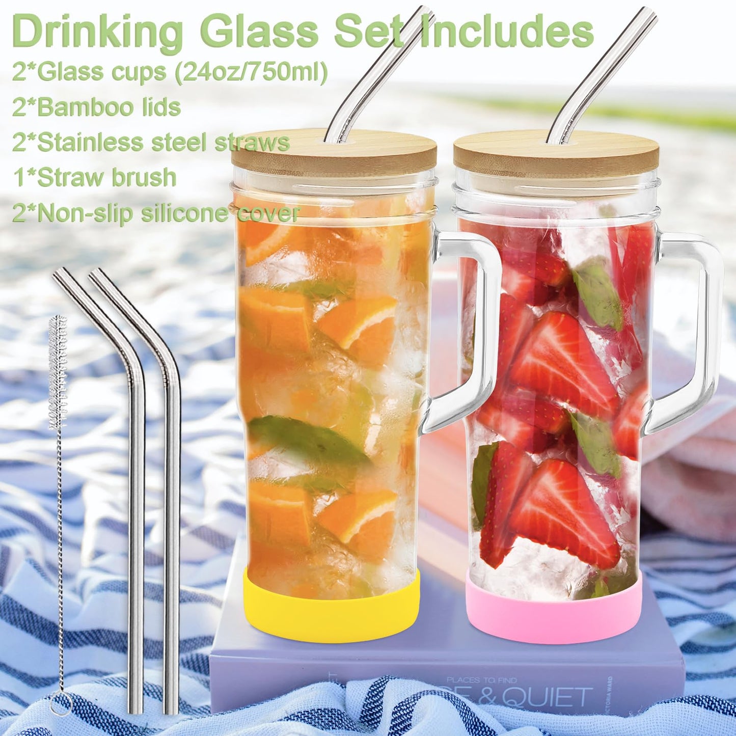 Glass Cups with Lids Straws 2Pack 24oz Mason Jar Tumblers Cup with Handle Wide Mouth Iced Coffee Cup Reusable Drinking Glasses Travel Mug for Smoothie Beer Juice Tea Gifts Clear