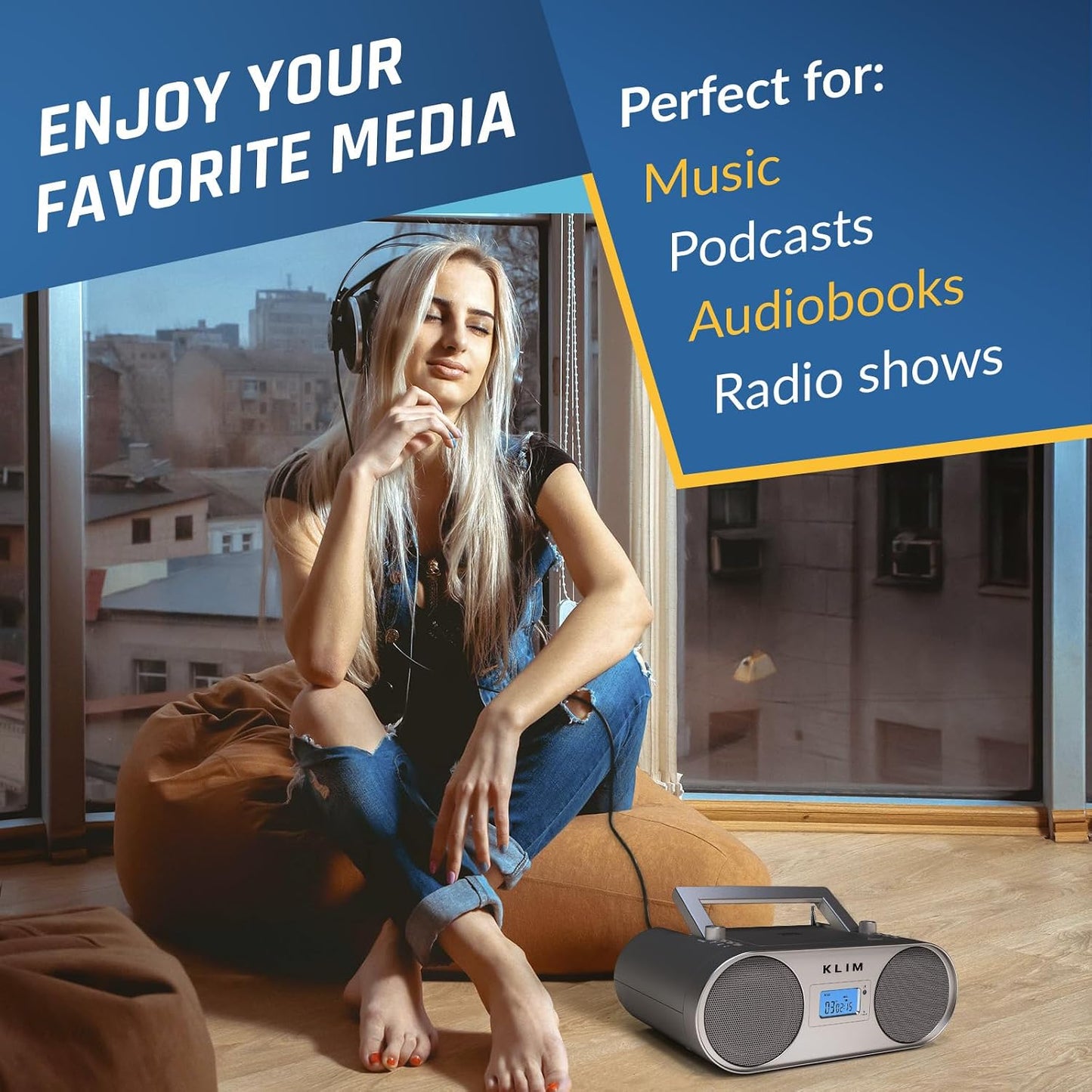 KLIM B4 MP3, Boombox CD Player Portable Audio System - AM/FM Radio with CD Player, Bluetooth, AUX, USB - Wired