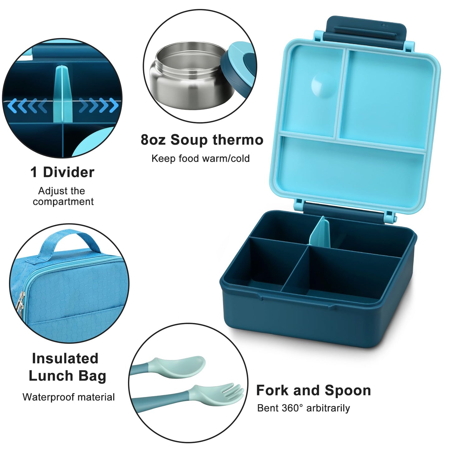 Itslife Bento Lunch Box for Kids with 8oz Soup Thermo&Lunch Bag, Leak-Proof Lunch Food Containers with 4 Compartment, Hot Food Insulated Food Jar for Kids School (Blue)