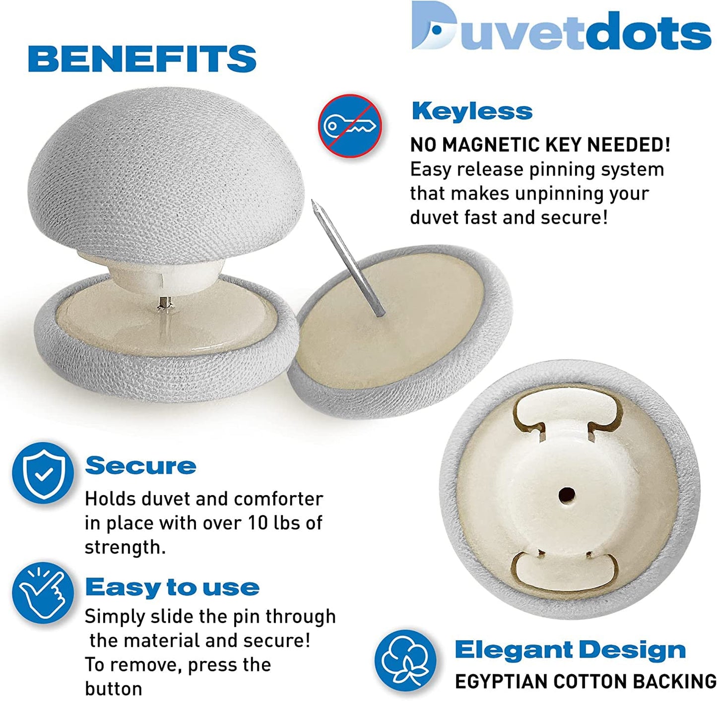 Duvetdots Gray Keyless Duvet Clips, No Key Needed. Pack of 8 Comforter Fasteners That are Safe Locking, Low Profile Egyptian Cotton Bedding Pins Holds up to 10lbs, Clamps Keeps Comforter From Shifting