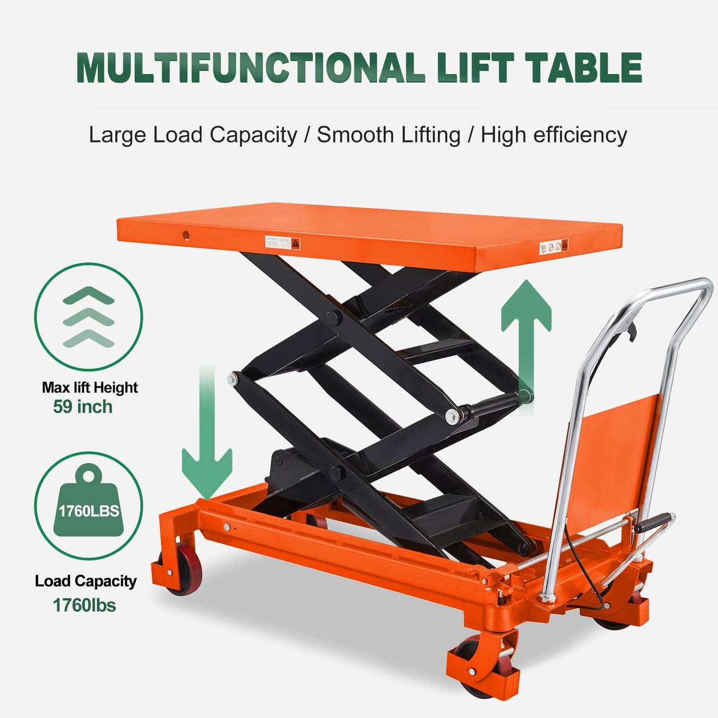 Tory Carrier Double Scissor Lift Table Cart 59" Lifting Height, Hydraulic Lift Cart Platform Manual Scissor Lift Table with Foot Pump for Safe Freight Unloading and Warehousing Use,1760 lbs Capacity
