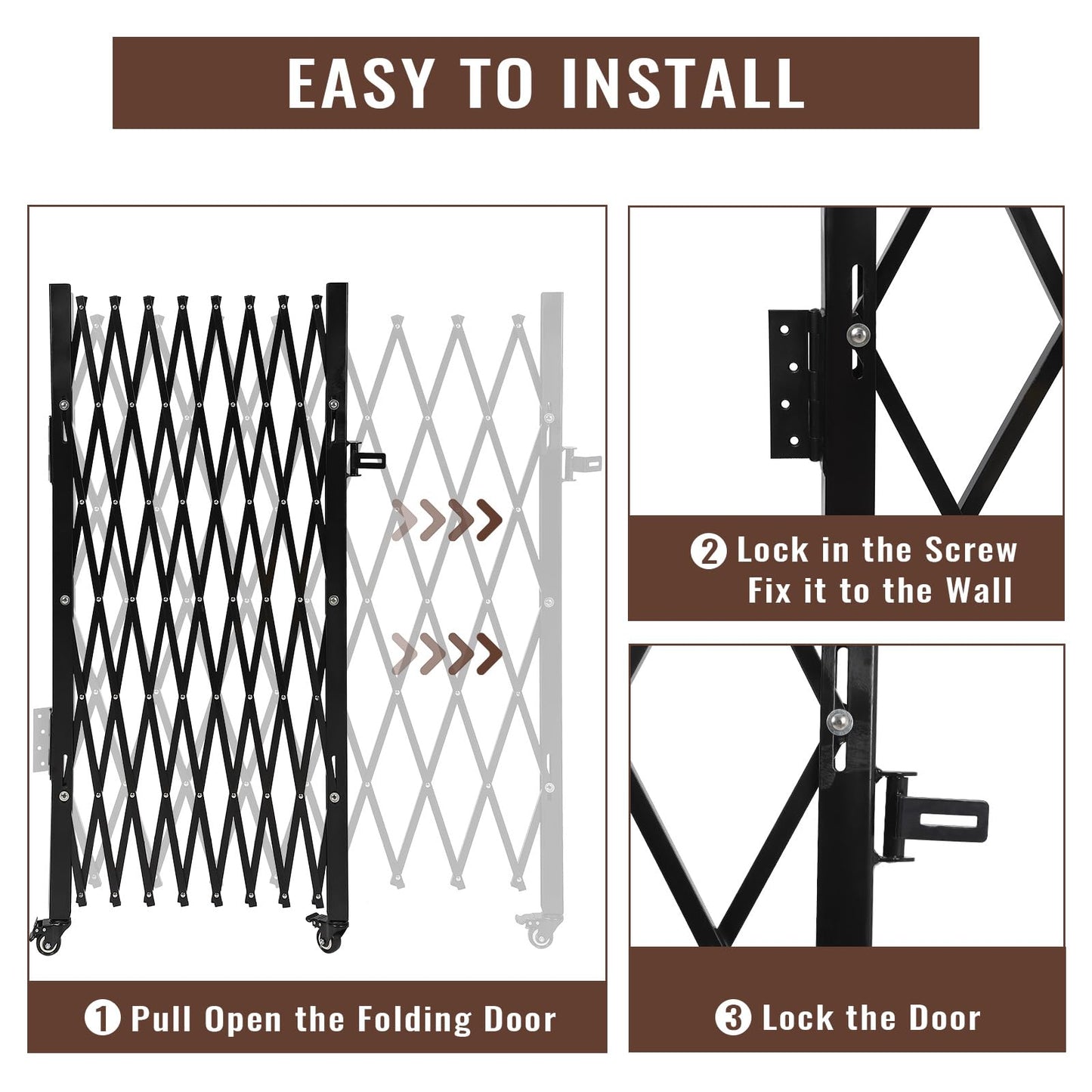 ExploreHorizon 61" H x 71" W Single Folding Security Gate, Portable Expandable Fence Gate with Casters, Flexible Steel Accordion Security Gate Barricade Gate for Backyard Garden