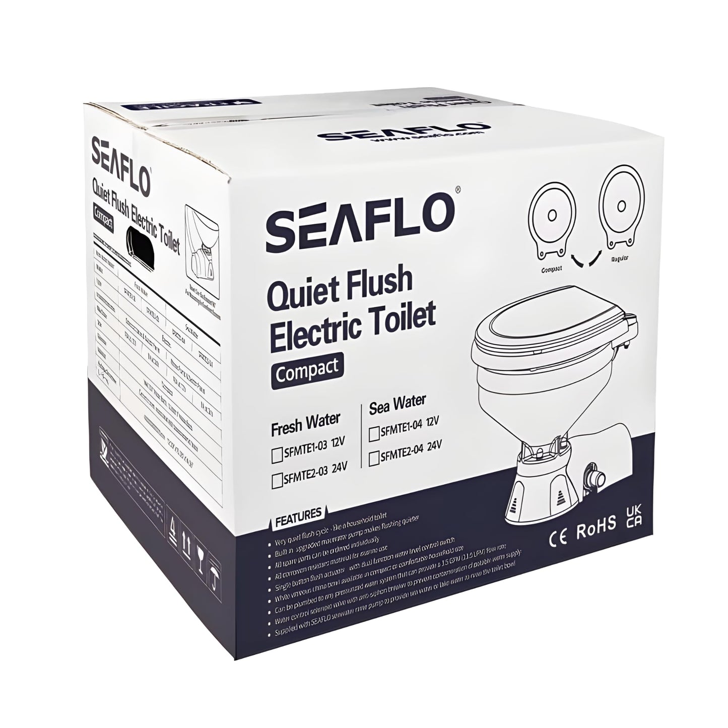 SEAFLO Quiet Flush Electric Marine Toilet - Fresh Water Rinse, 12V, Solenoid Valve, Ceramic Bowl, Soft Close Seat, Macerator Pump, 3-Way Switch Panel, Boat Yacht Toilet, 4-Year Warranty
