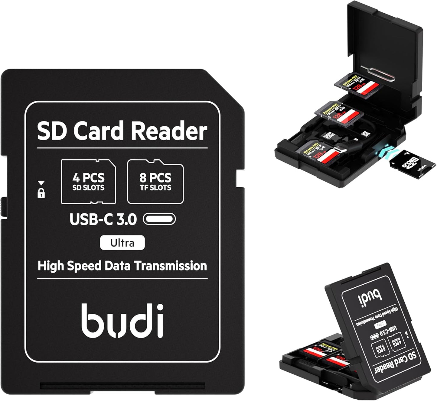 BUDI 8 16/15/14/13/12/11/Pro Micro SD Memory Card Reader with Slots TF-Styled Memory Card Storage Case Supports USB