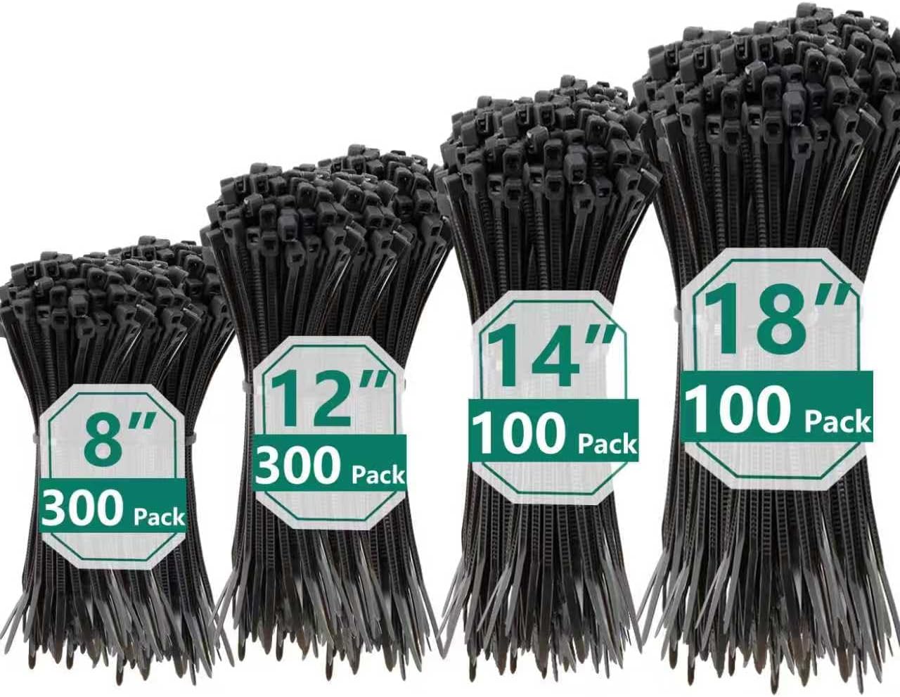 MasiStranth 800 8+12+14+18 Inch PCS Black Zip Ties Assorted Sizes Self-locking Nylon Cable ties Heavy Duty Outdoor, UV