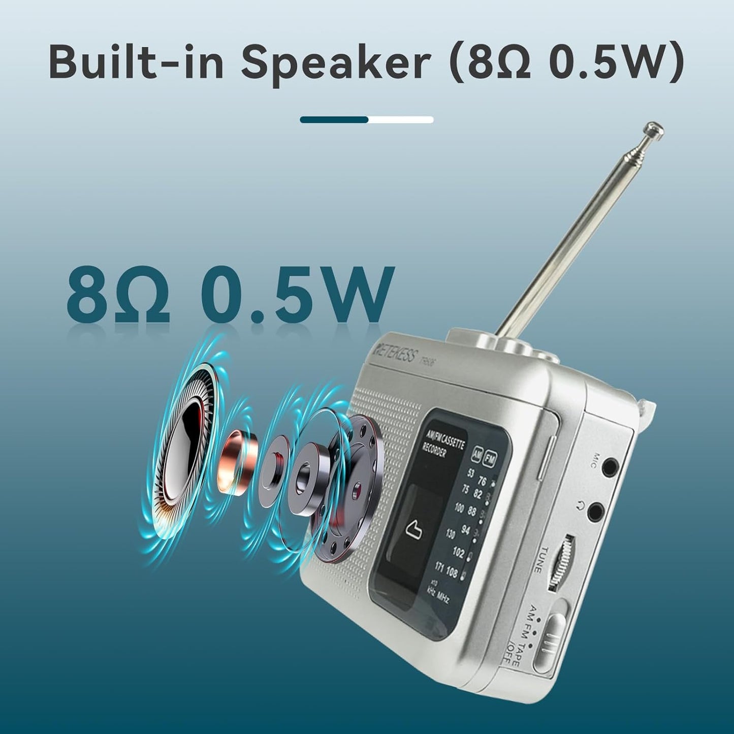 Retekess TR606 Cassette Cassette Tape Recorder Player, AM FM Players, Supports Voice/AUX Line in Record, Powered by DC