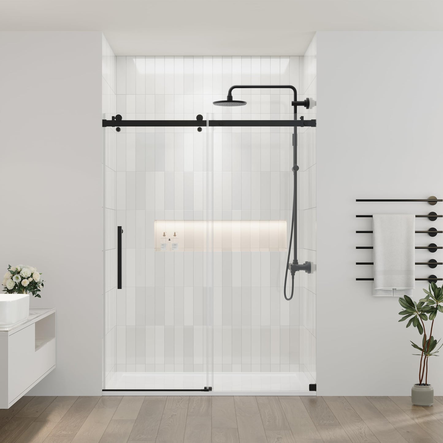 DELAVIN 50-54.in W x 72.in H Frameless Shower Door, Water Repellent Black Shower Door with Clear SGCC Tempered Glass, Easy Sliding Showe Door with Explosion-Proof Film, Stainless Steel Guide Rail