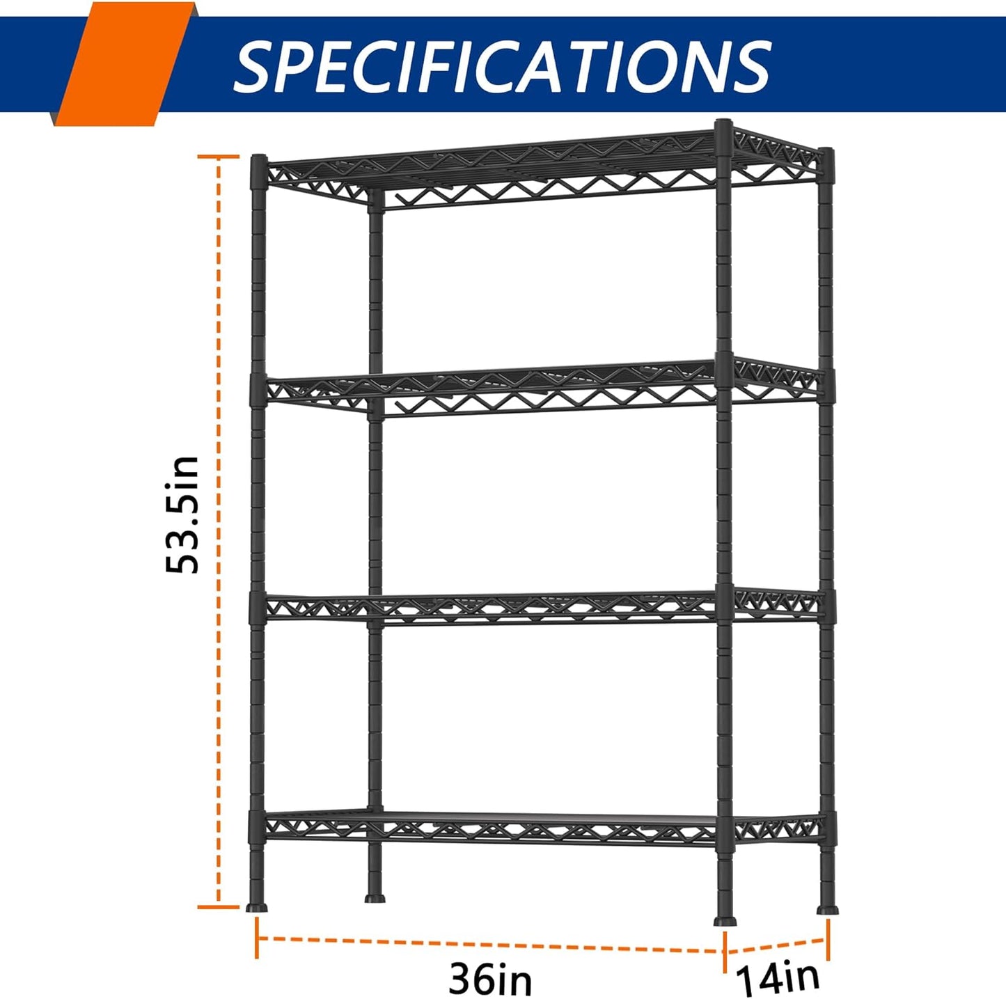 Regine Switzerland 4-Shelf Heavy Duty Storage Shelving Unit - Adjustable Metal Organizer Rack for Laundry, Bathroom & Kitchen | Black