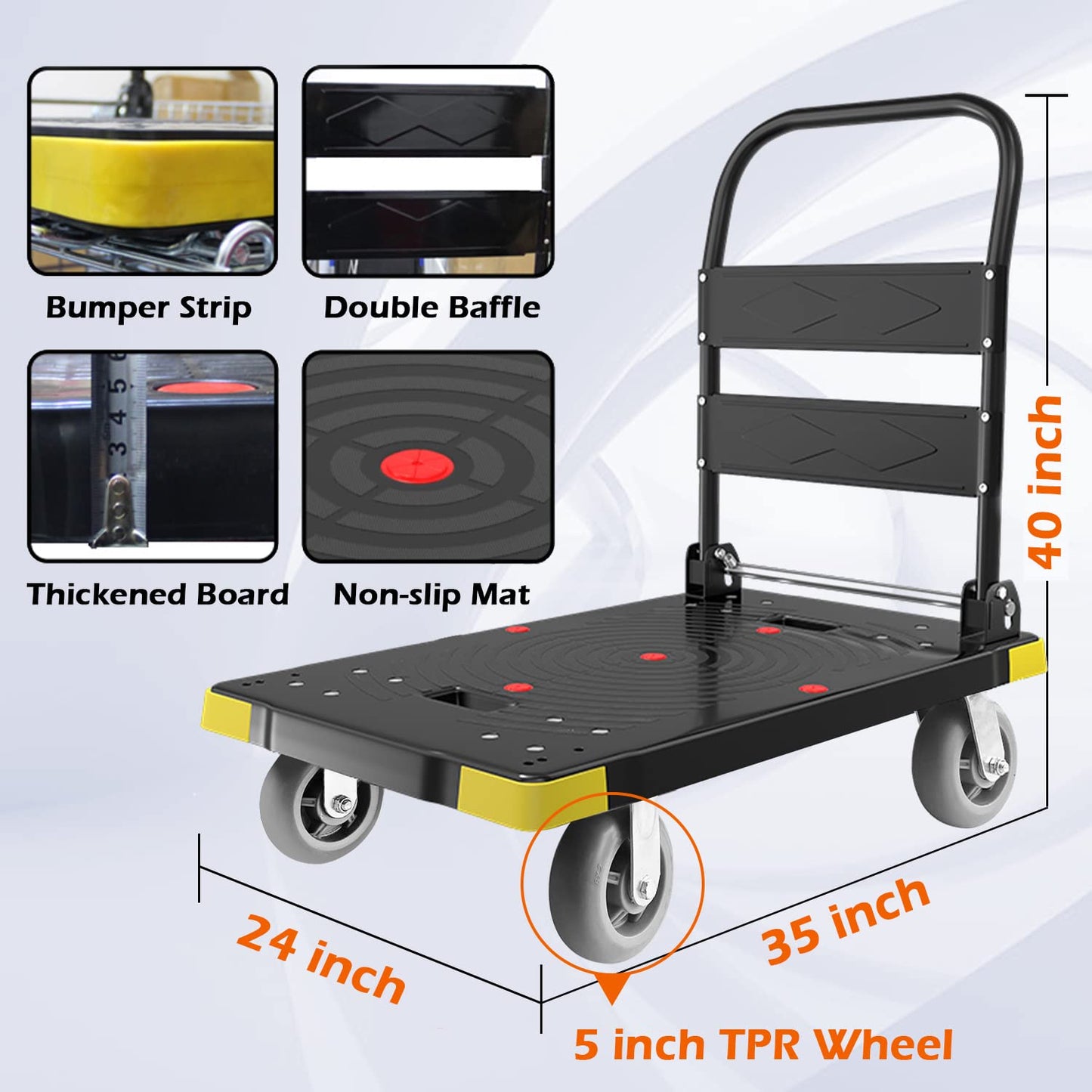 Chinco Star Folding Push Cart Dolly - 1300LBS Heavy Duty Portable Moving Dolly with 360 Swivel 6'' Wheels (35L x24W x40H in)