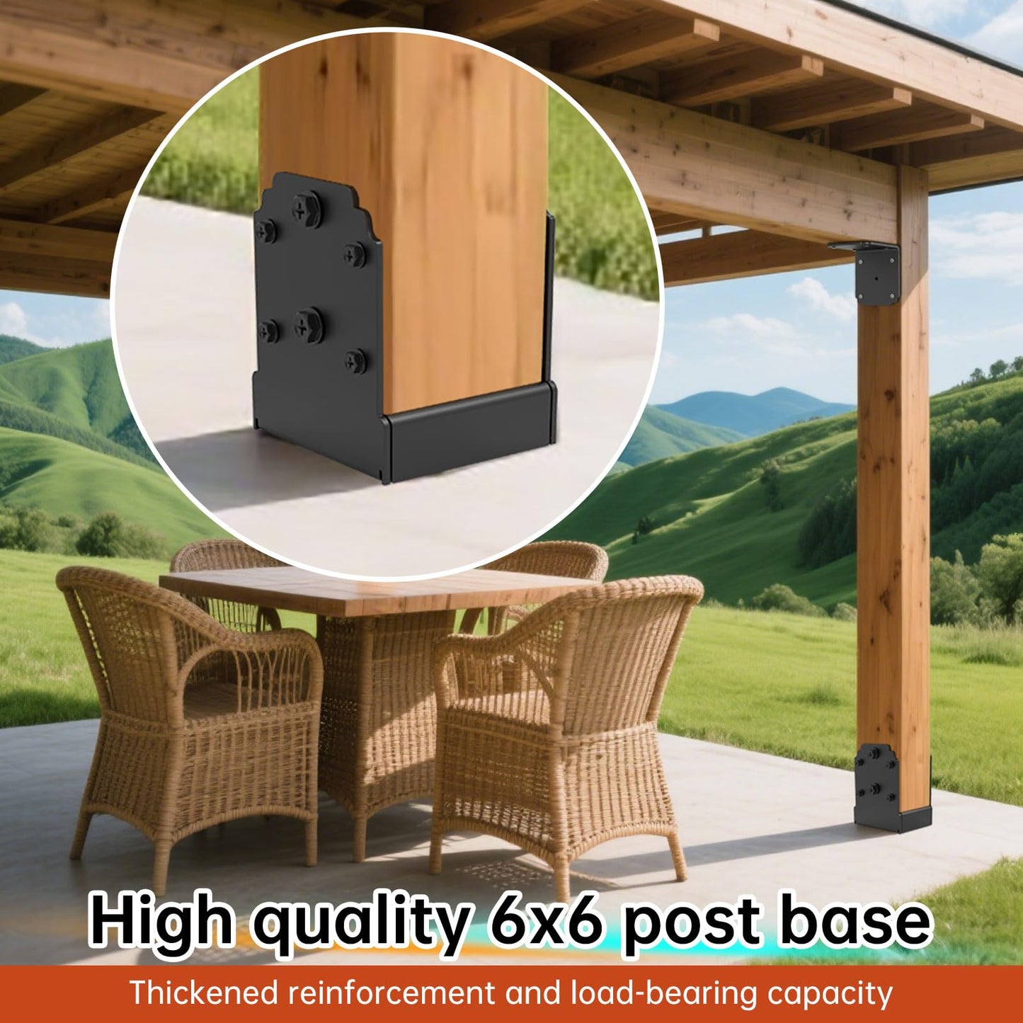 KOMOHOM 6x6 Post Base Brackets（4PCS） Heavy-Duty Post Bracket Surface Mount for Concrete, Thickened Pergola Brackets, 10,000 lbs Capacity, Black, Hidden Fasteners