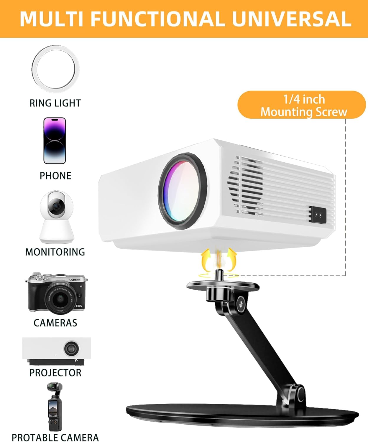 MAWADA 1/4" 360 Foldable Stand For Projector - Foldable Table Projector Mount with Thread, Height Adjustable, Rotation