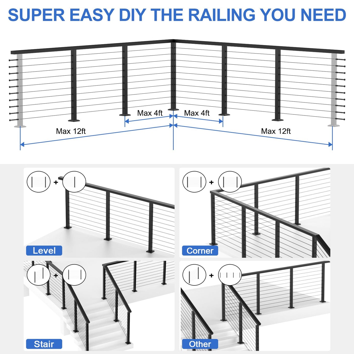 PLANTOP 36" Cable Railing Corner Post(Post 35"x2"x2"), 1 Pack 90° L-Drilled Flat Top Corner Post, Stainless Steel Black Surface Mount Deck Cable Railing Post for Indoor Outdoor, MY08-C