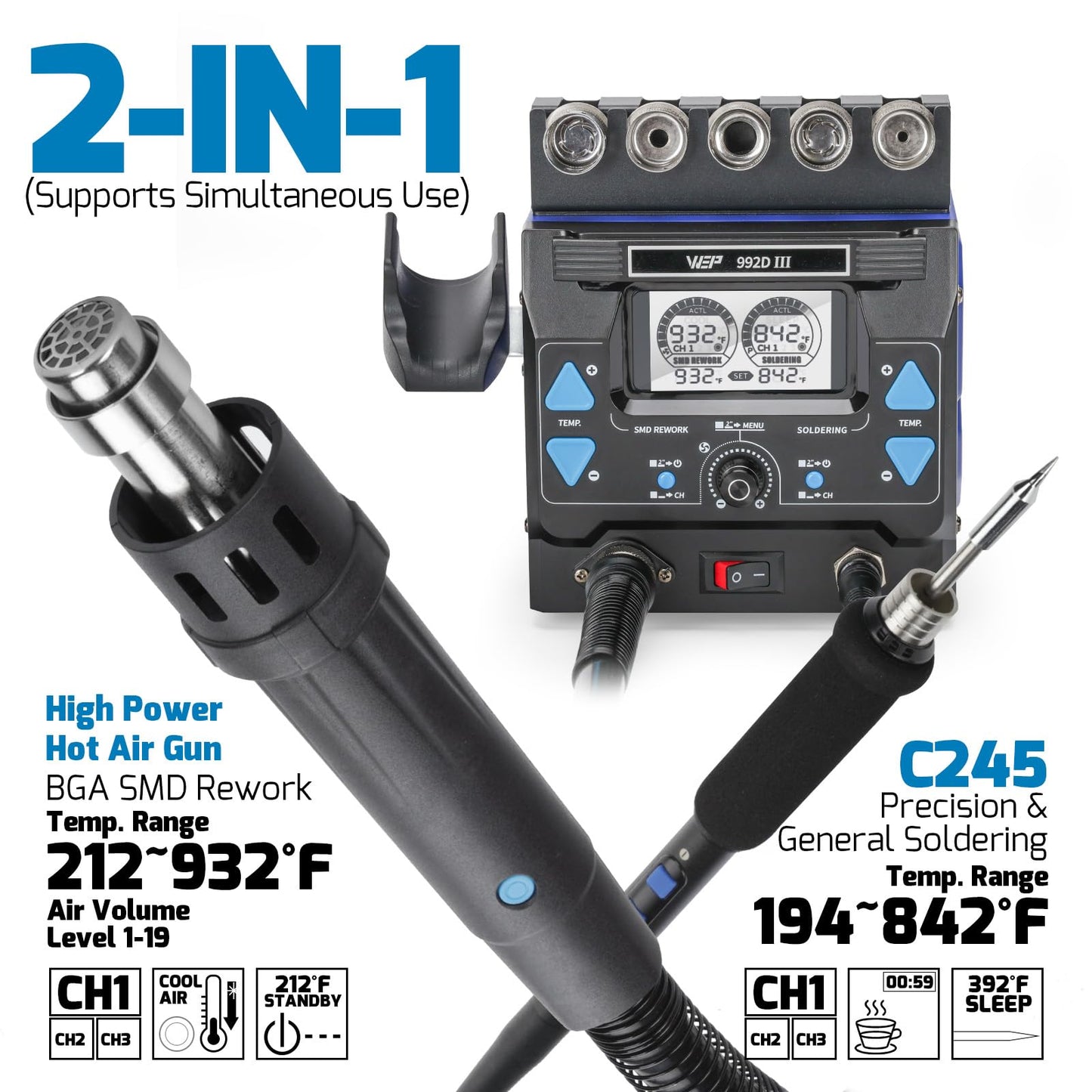 WEP 992D-III 2-in-1 Soldering Station and Hot Air Rework Station - High-Power Soldering Iron Kit with C245-compatible Cartridge, 1000W Hot Air BGA Rework Station for SMD, IC Repair