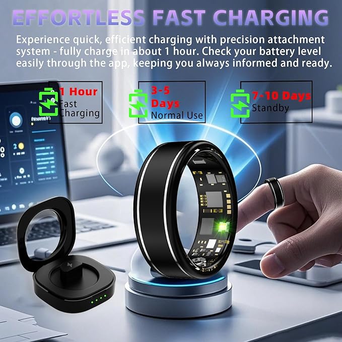 Activity Tracker Ring for Men ??Smart Ring with Heart Rate, SpO2, Blood Pressure, Sleep Monitoring, Step & Calorie Counter, 5ATM Waterproof, No Subscription Fee (Black, 7)
