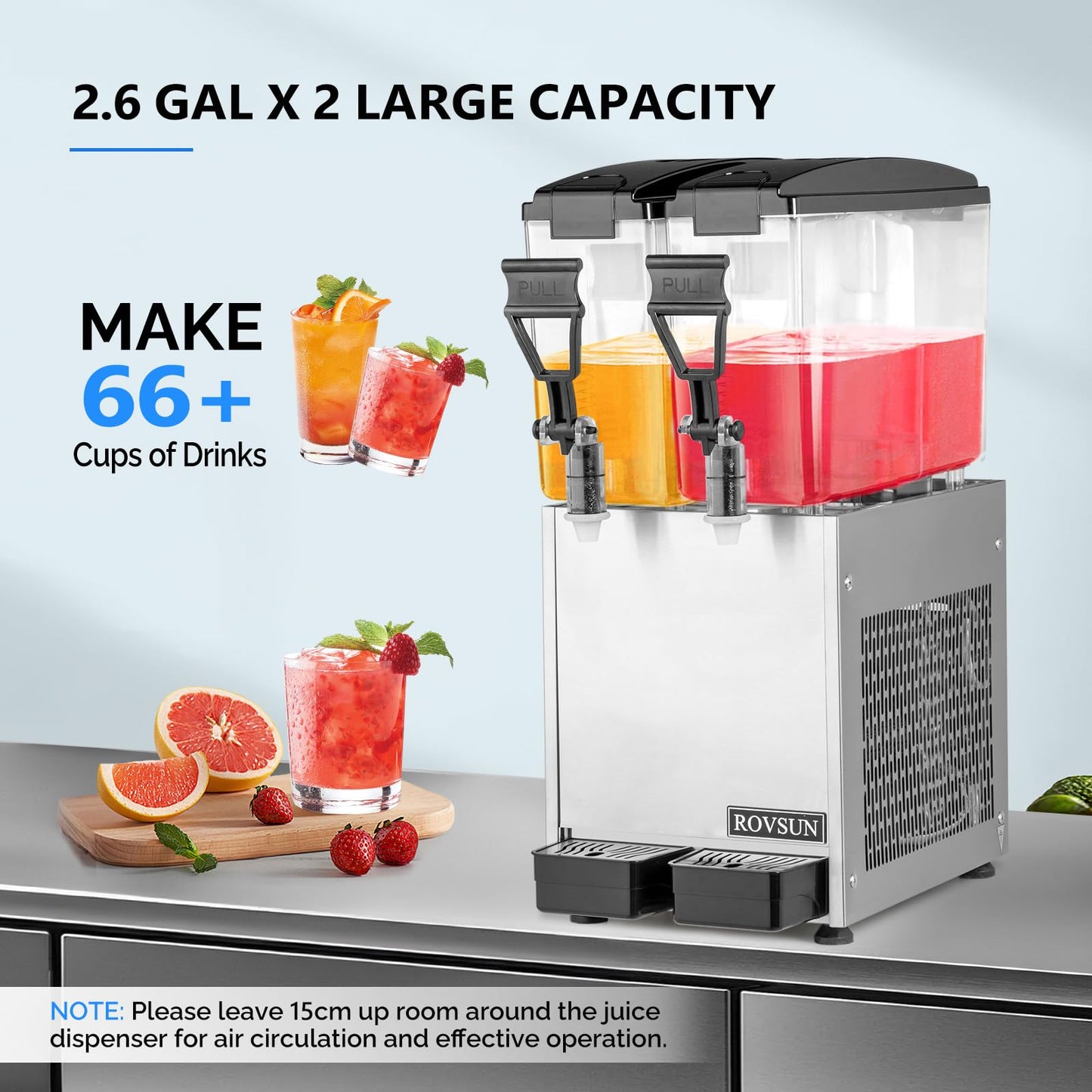 ROVSUN Commercial Beverage Dispenser 5.2 Gal/20L, Commercial Juice Dispenser Cold Drink Dispenser 10L X 2 Tanks Stainless Steel with Thermostat Controller for Home Restaurant Bar Party 110V/60HZ
