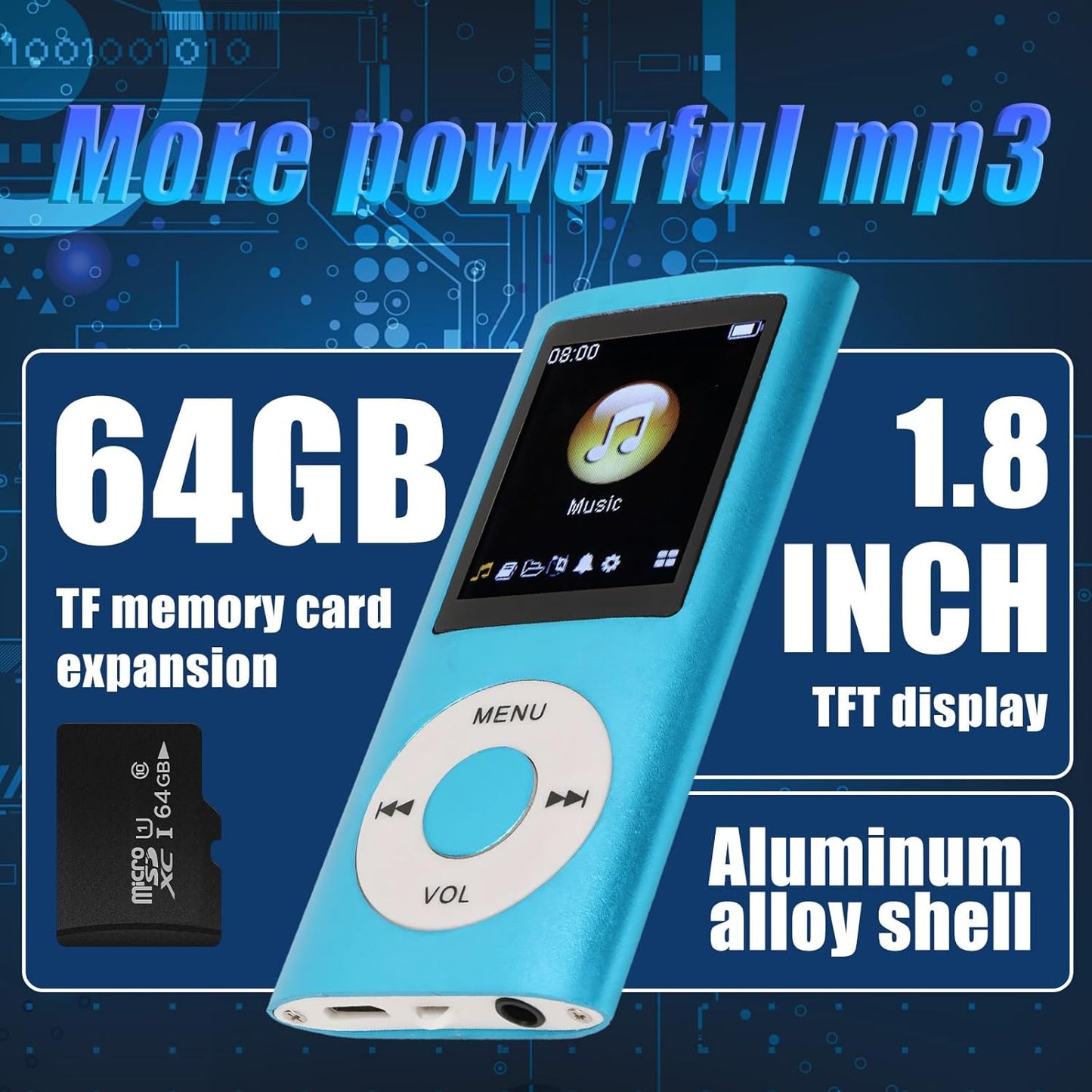 Luqeeg MP3 MP3 1.8 Inch 64GB Player, Portable Lossless Sound Slim Music Player with Earphone, LCD Screen Digital Music