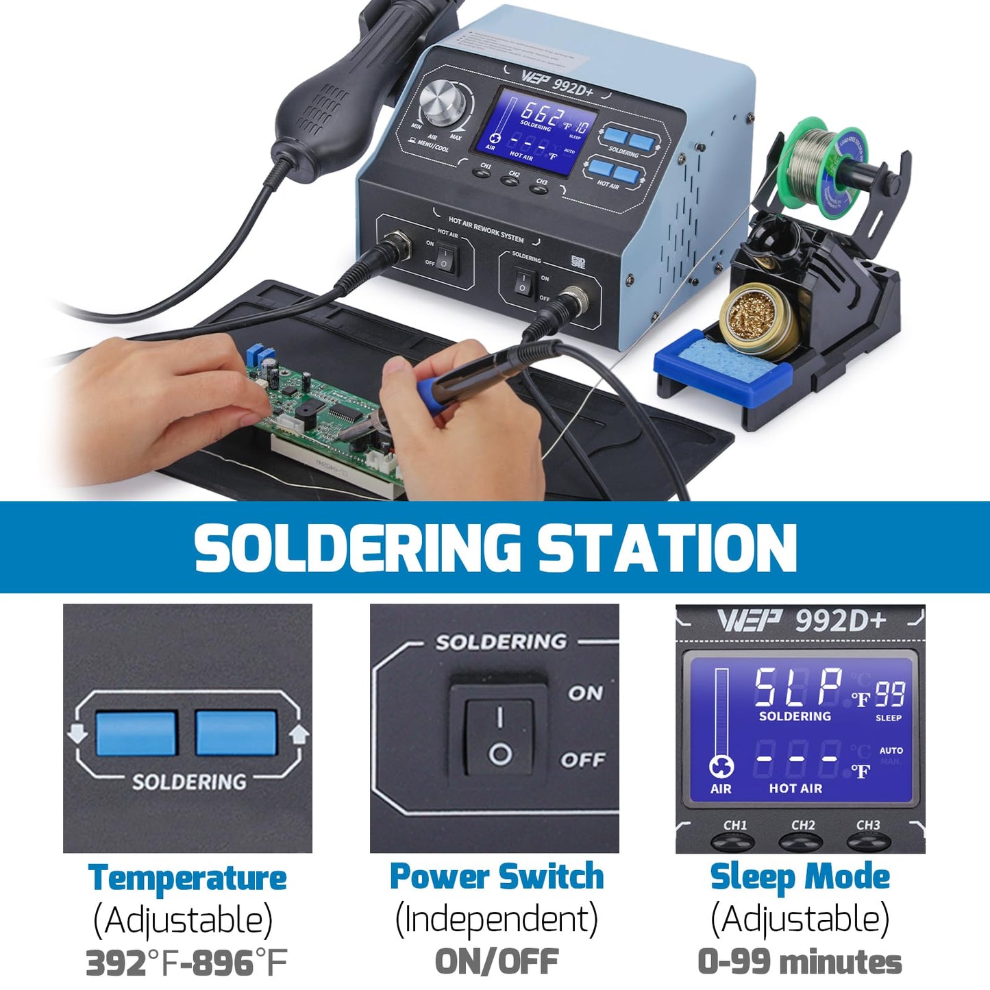 WEP 992D+ 2-in-1 Soldering Iron Kit and Hot Air Rework Station with 3 Preset Channels, LCD Display, Interchangeable Handles, Sleep Mode, X-2 Iron Holder, 5 Iron Tips, Desoldering Pump and Tweezers