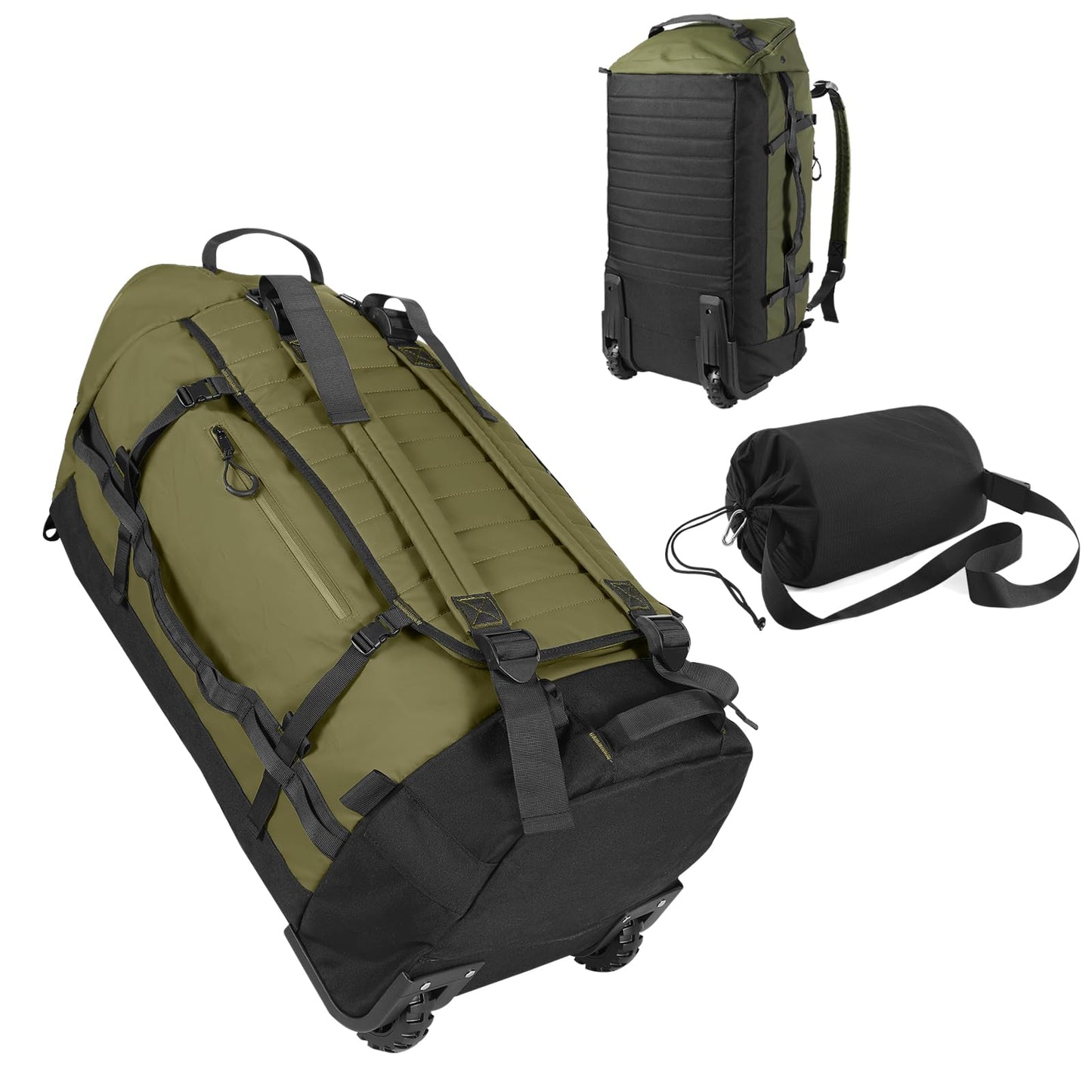 Vrtisa 85L 29“ Foldable Rolling Backpack with Wheels, Soft-side Travel Duffle Bag with Separate Shoe Compartment, Full Quilted Bottom,Army Green