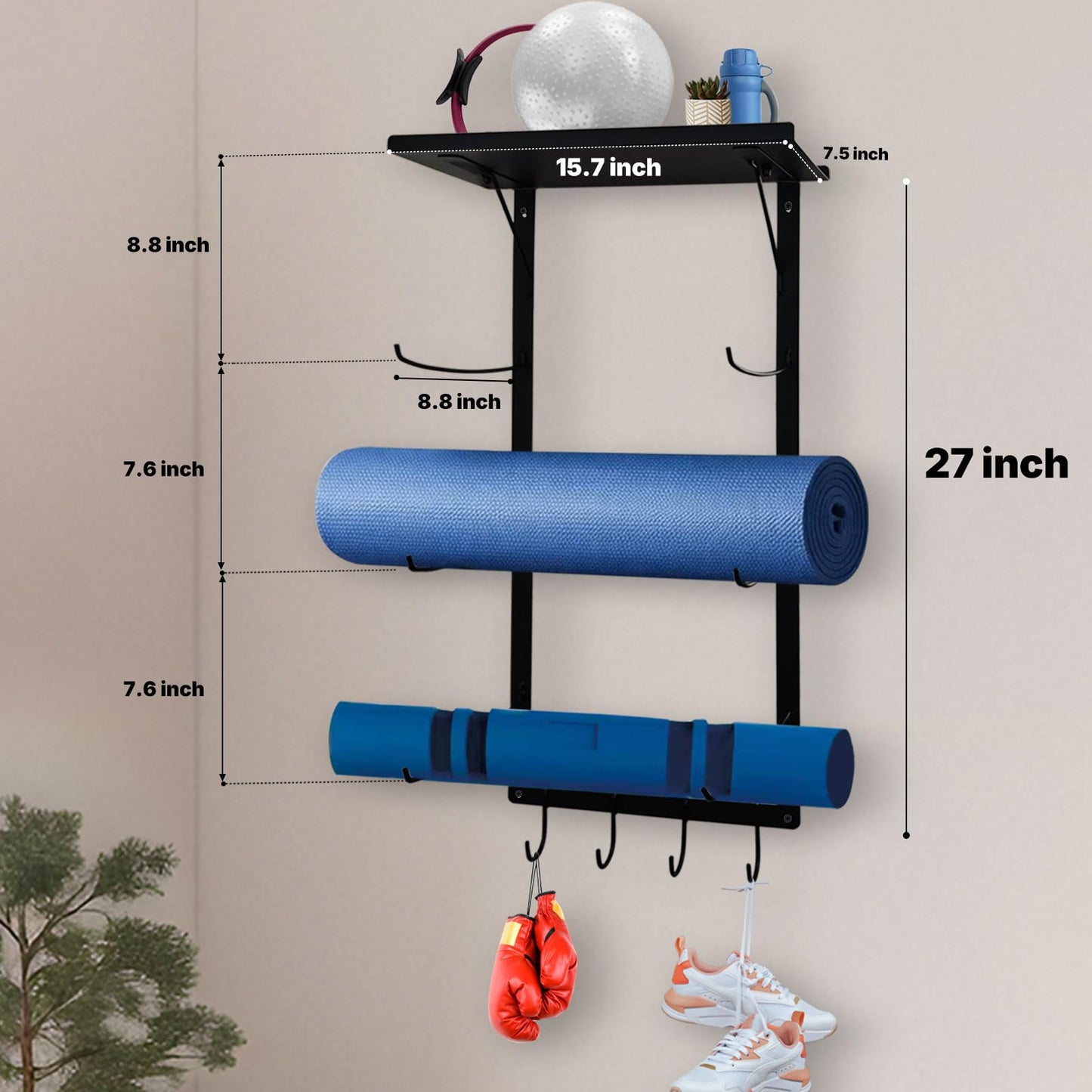 Avoirdus Yoga Mat Holder Wall Mount, Wall Mounted Yoga Mat Storage Rack with Shelf & Hooks, Home Gym Yoga Accessory Organizer for Mats, Foam Roller, Bands & Workout Equipment