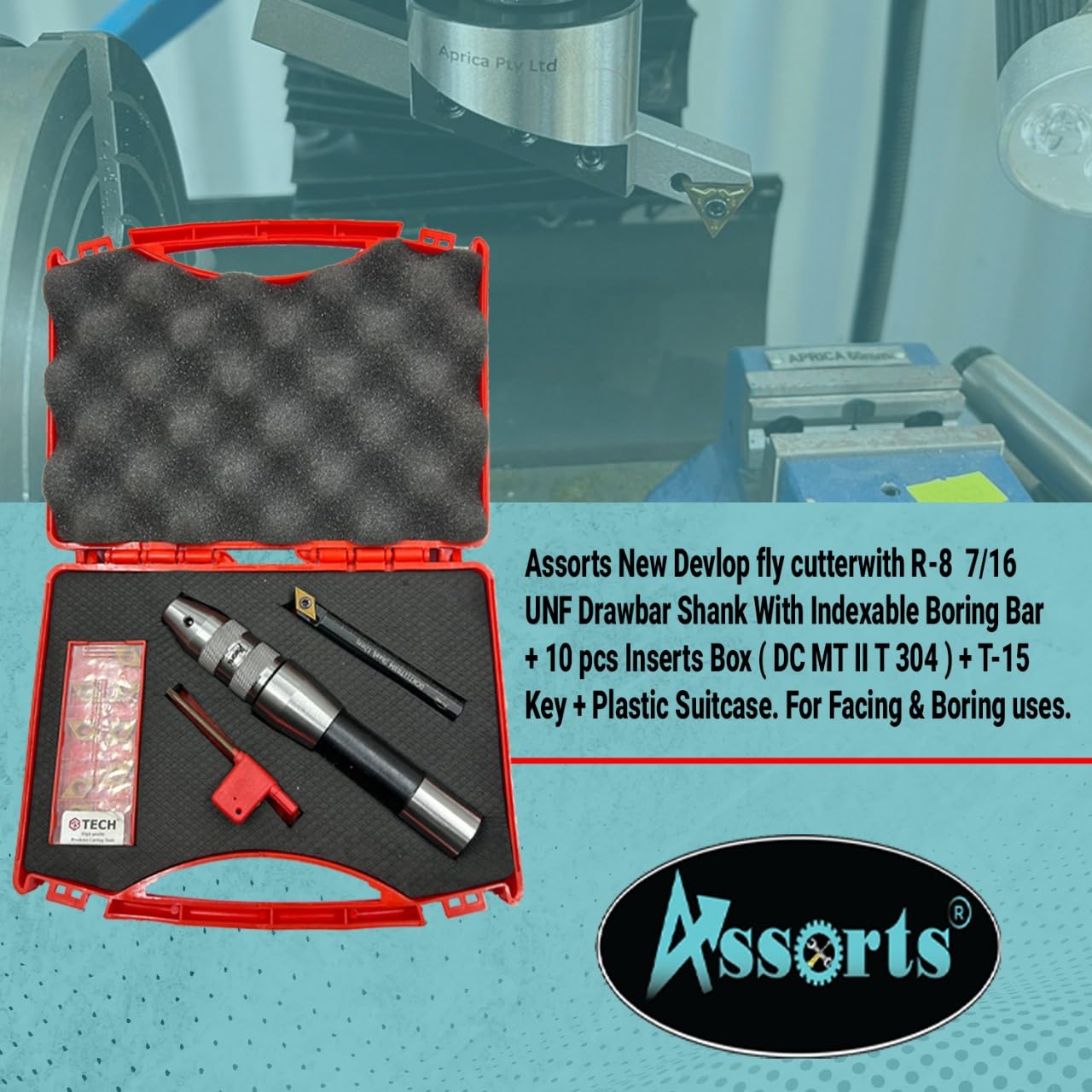 Assorts New Fly Cutter with R8 7/16 UNF Drawbar Shank, indexable Boring bar, 10 PCS Inserts (DCMT 11 T304), T-15 Key & Plastic case. Ideal for Facing & Boring. Watch The Working Video for Details