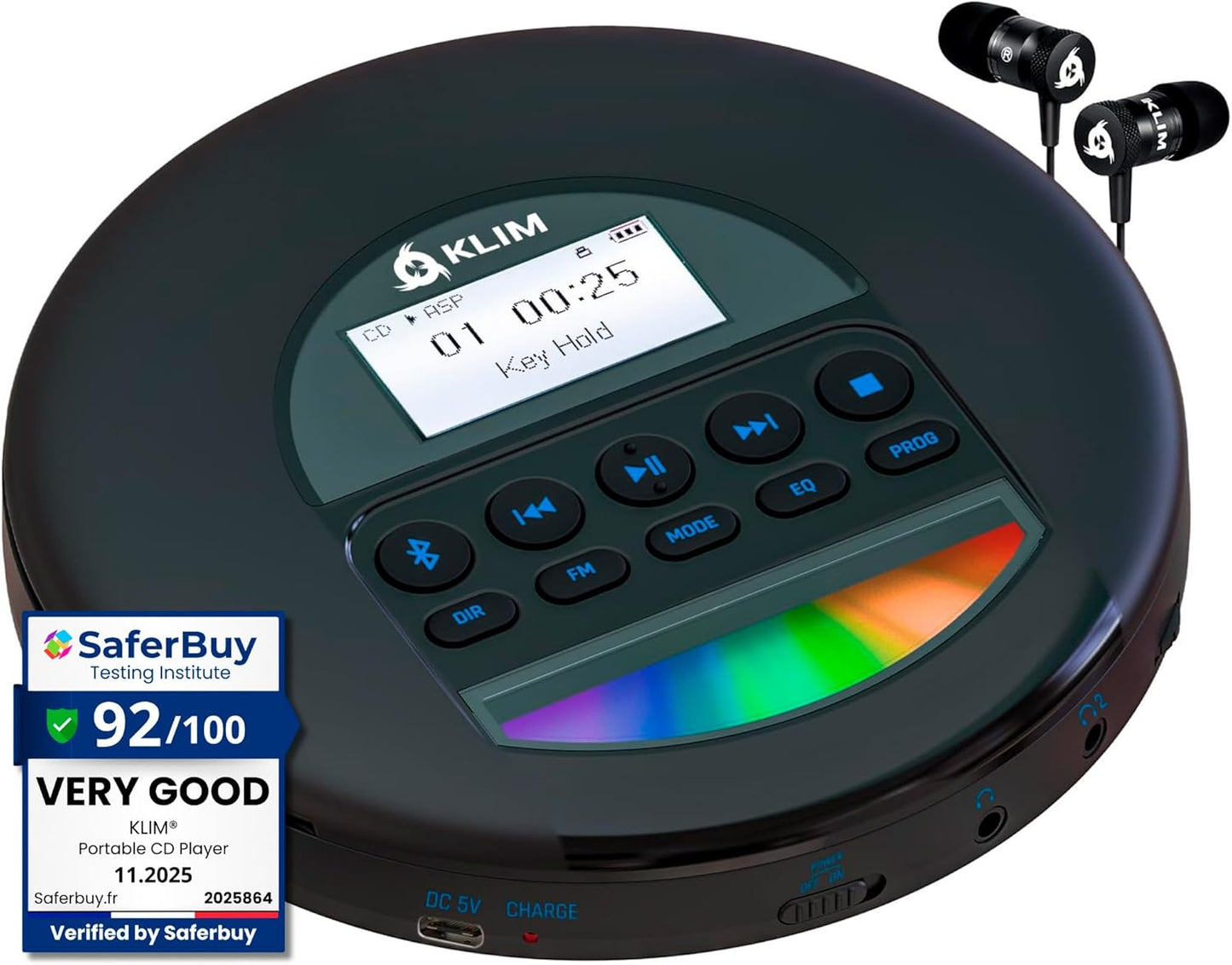 KLIM MP3 Nomad - Portable CD Player with Long-Lasting Battery - with Headphones - Radio FM - Compatible CD Player