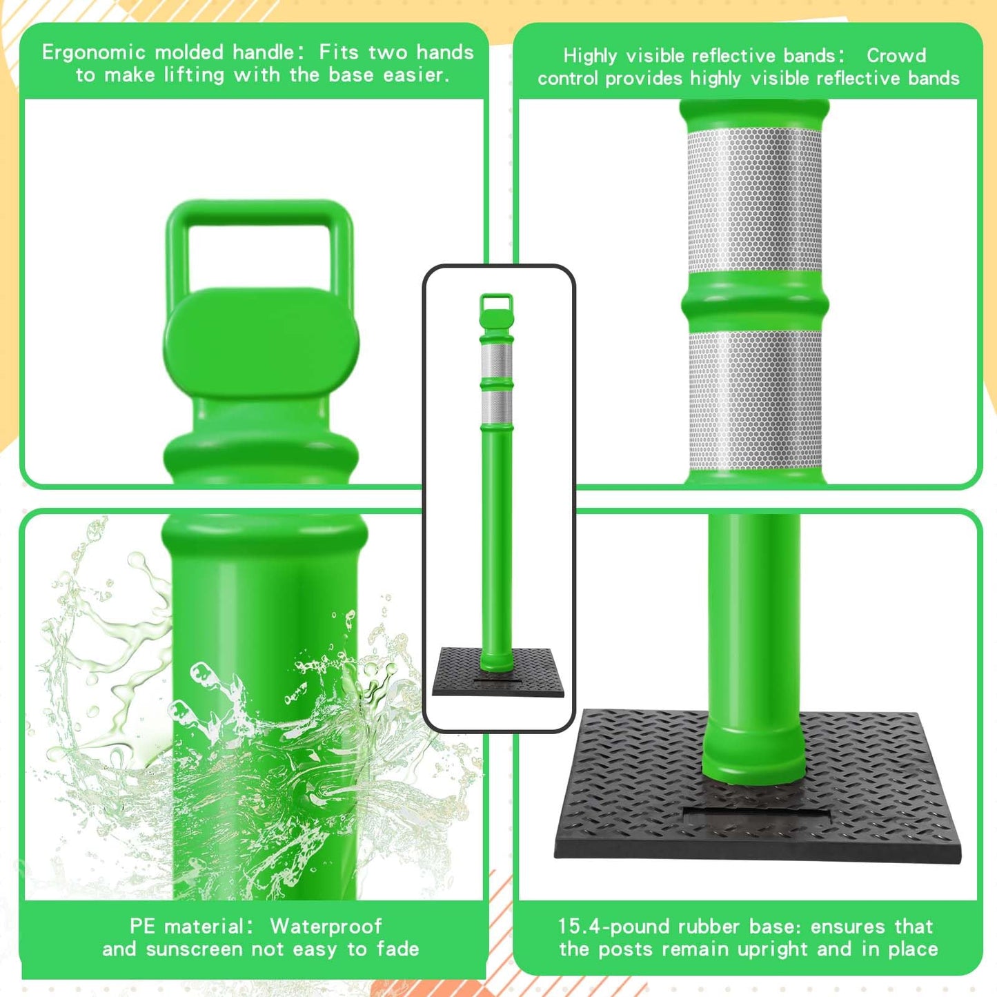 Kanayu 49 Inch Traffic Delineator Posts with 8.8 Lbs Rubber Base PE Delineator Post Portable Parking Pole Traffic Cone Barrier with Removable Base, Reflective Band(4 Packs,Green)